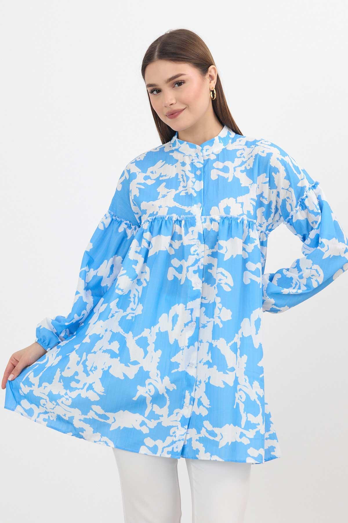 4366A Desenli Kol Lastikli Tunik Mavi - 7