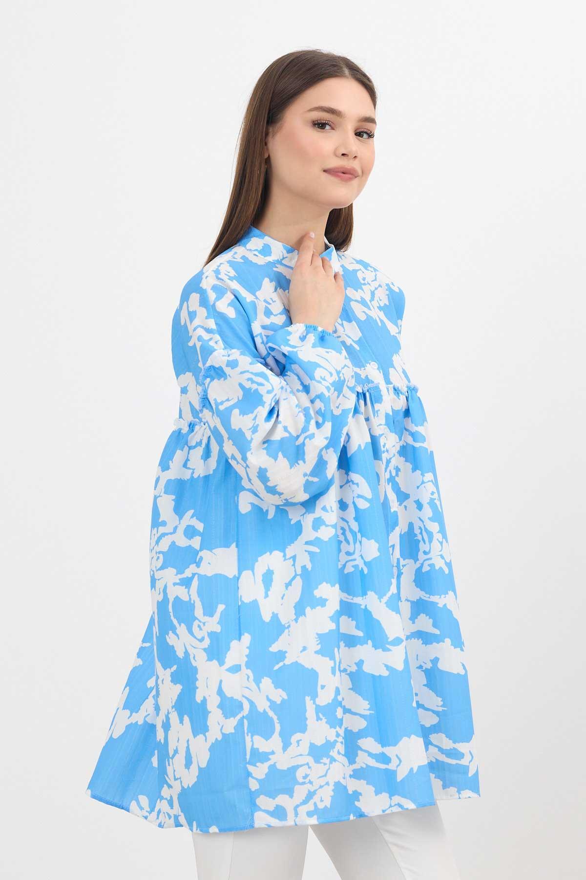 4366A Desenli Kol Lastikli Tunik Mavi - 8