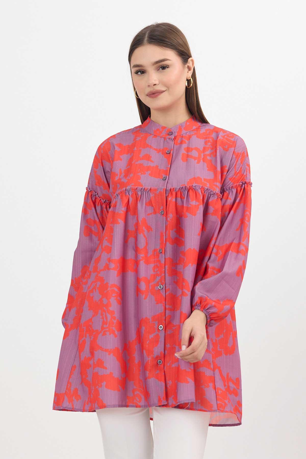 4366A Desenli Kol Lastikli Tunik Orange - 1