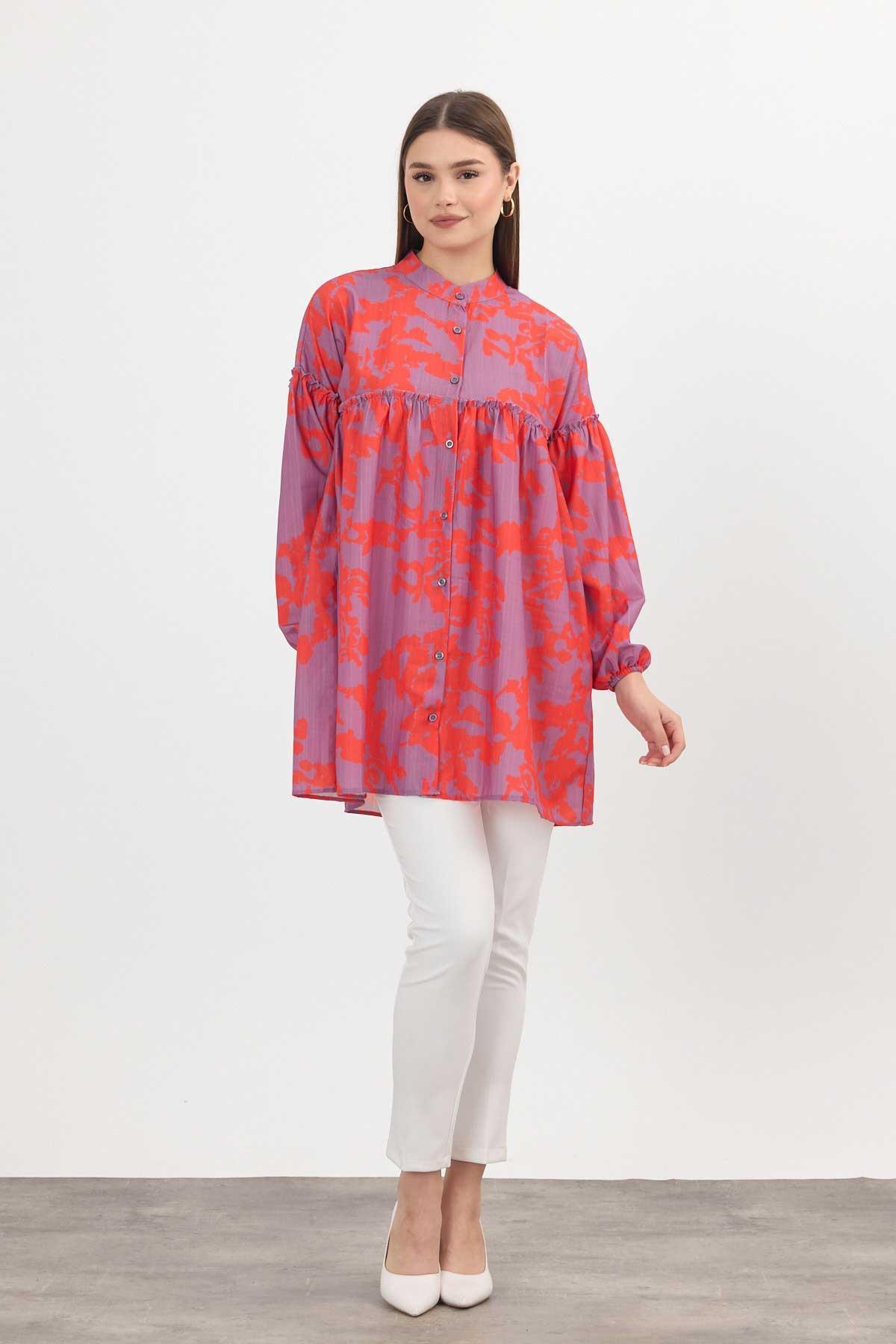 4366A Desenli Kol Lastikli Tunik Orange - 2