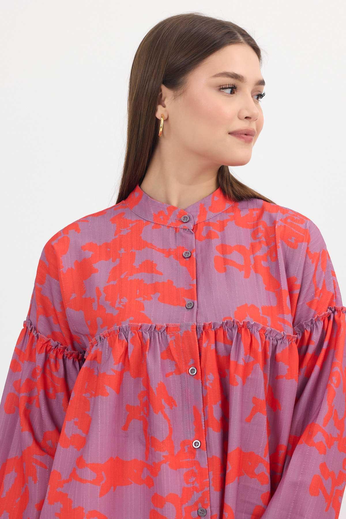 4366A Desenli Kol Lastikli Tunik Orange - 4