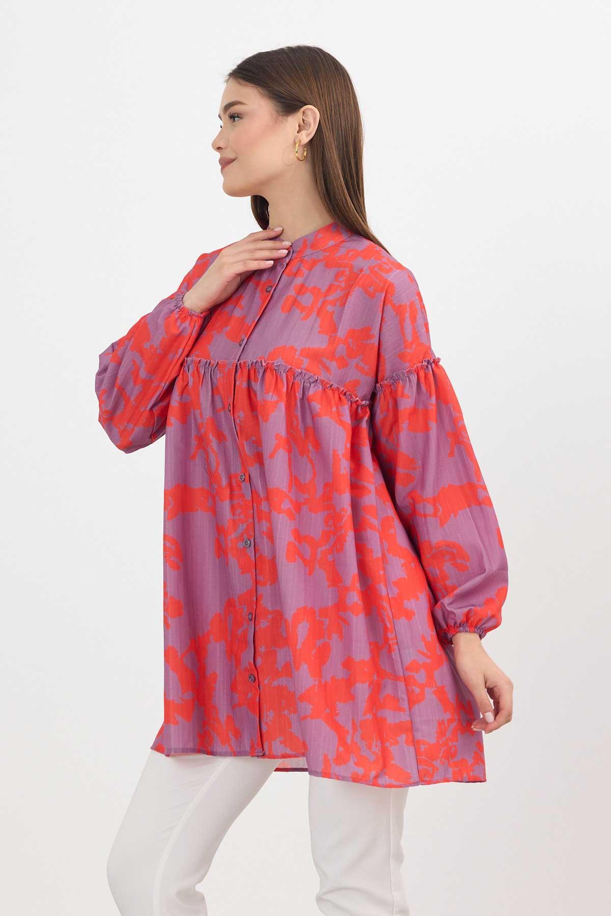 4366A Desenli Kol Lastikli Tunik Orange - 8