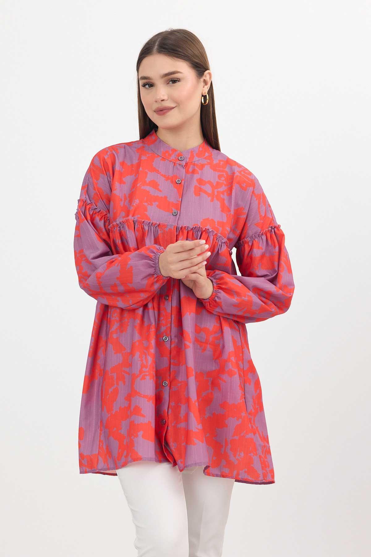 4366A Desenli Kol Lastikli Tunik Orange - 3