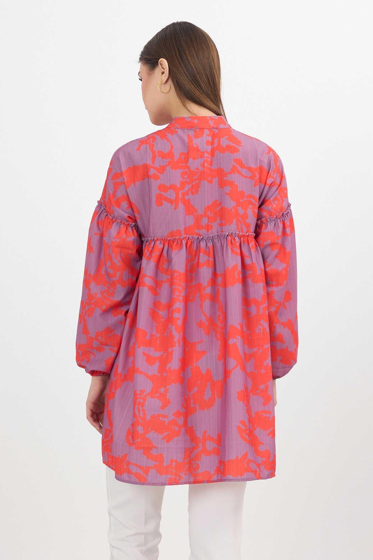 4366A Desenli Kol Lastikli Tunik Orange - 5