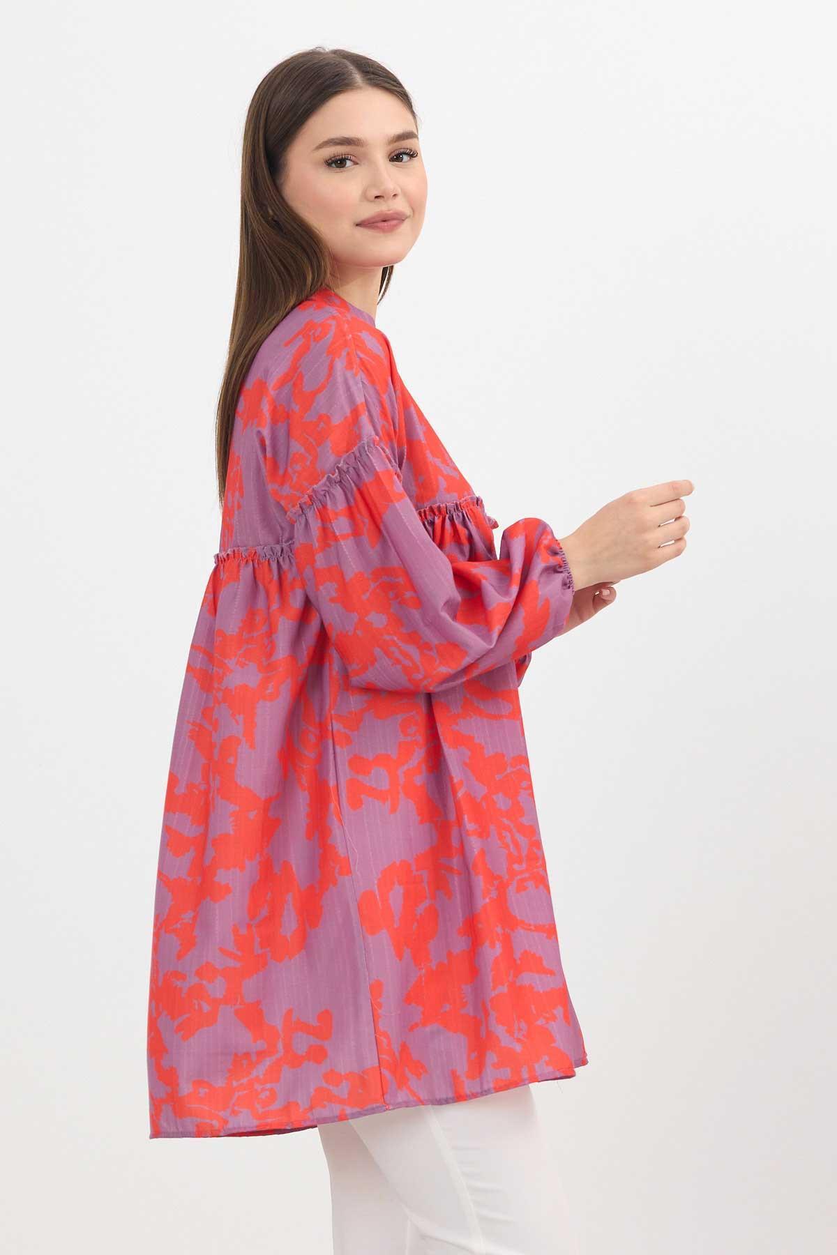 4366A Desenli Kol Lastikli Tunik Orange - 6