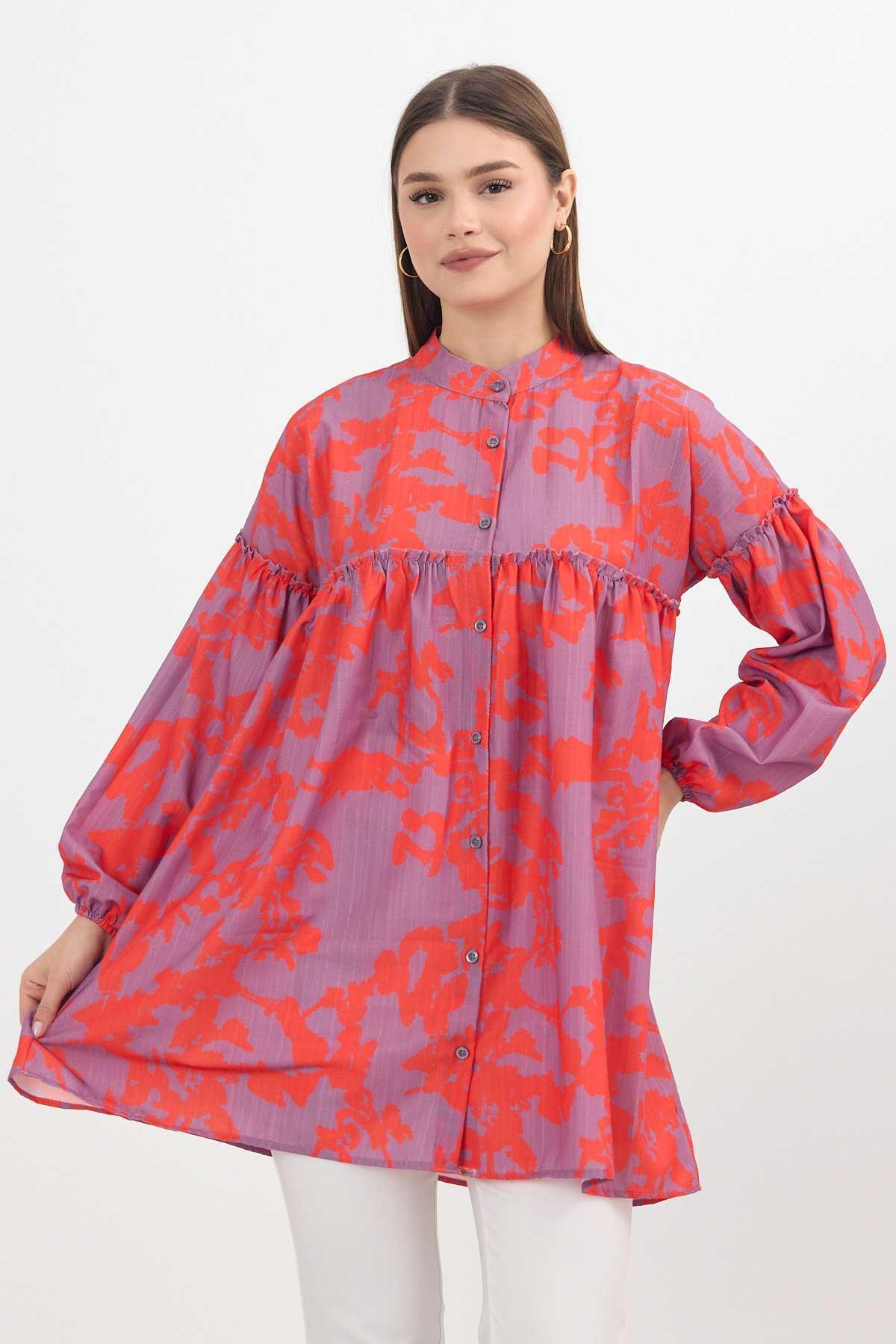 4366A Desenli Kol Lastikli Tunik Orange - 7