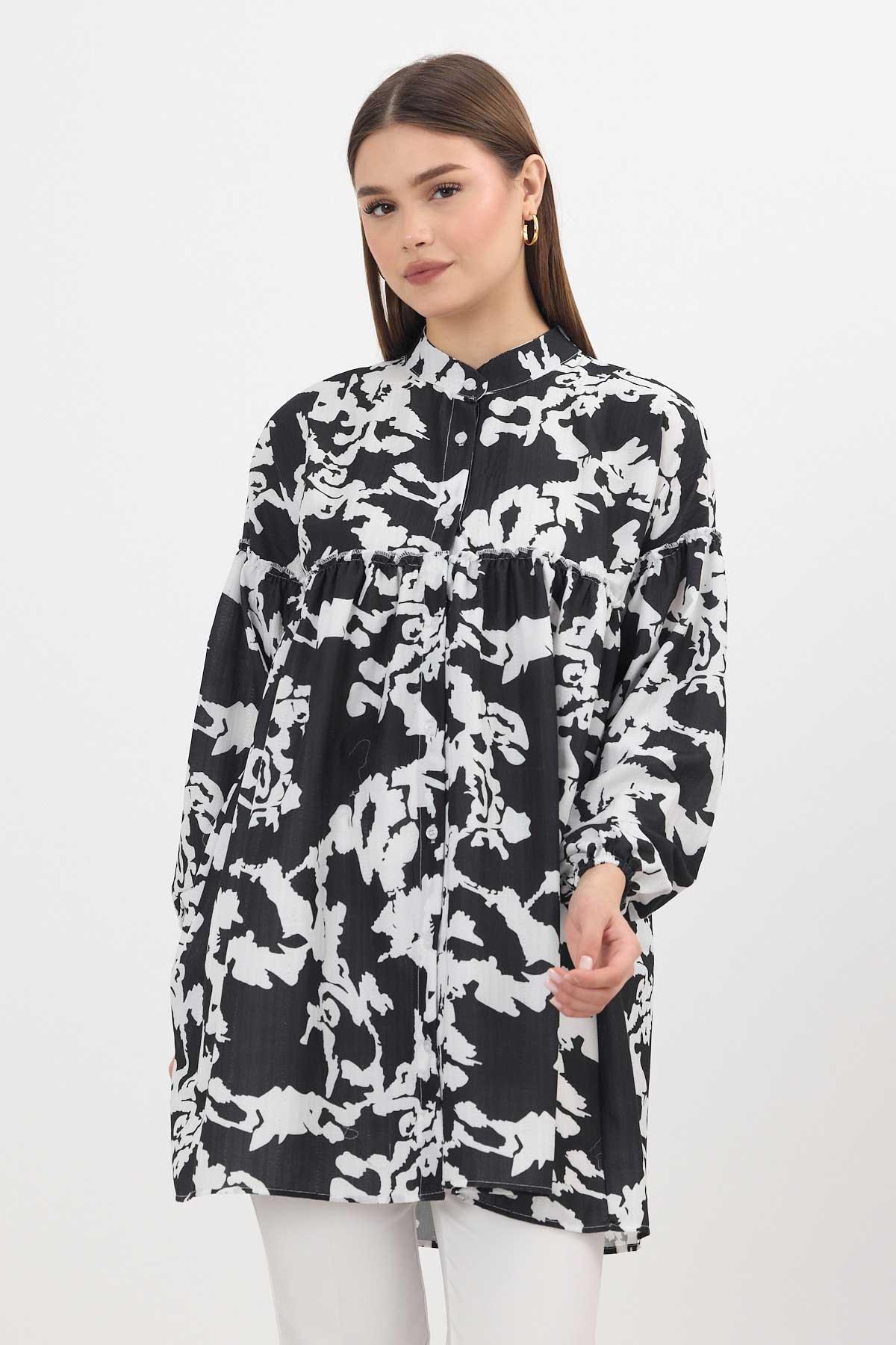4366A Desenli Kol Lastikli Tunik Siyah - 1