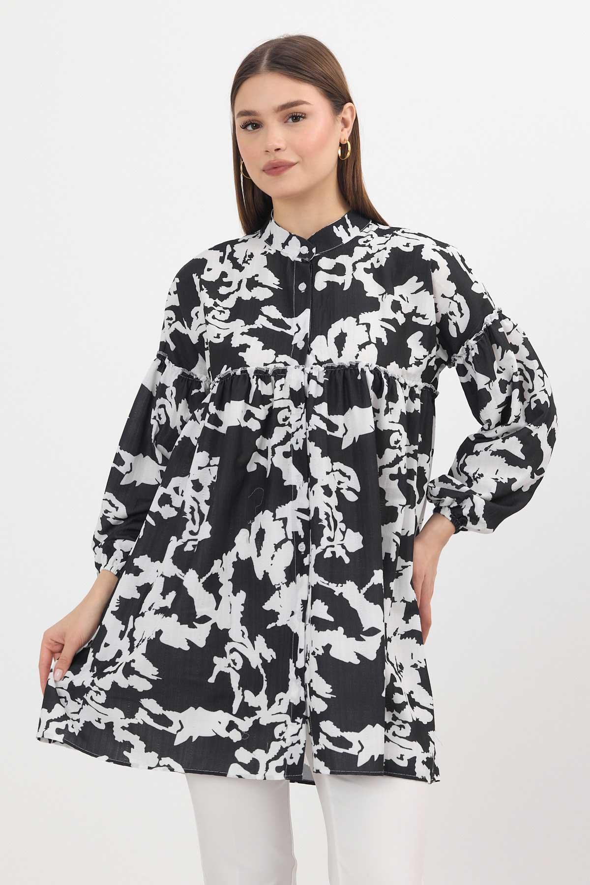 4366A Desenli Kol Lastikli Tunik Siyah - 3