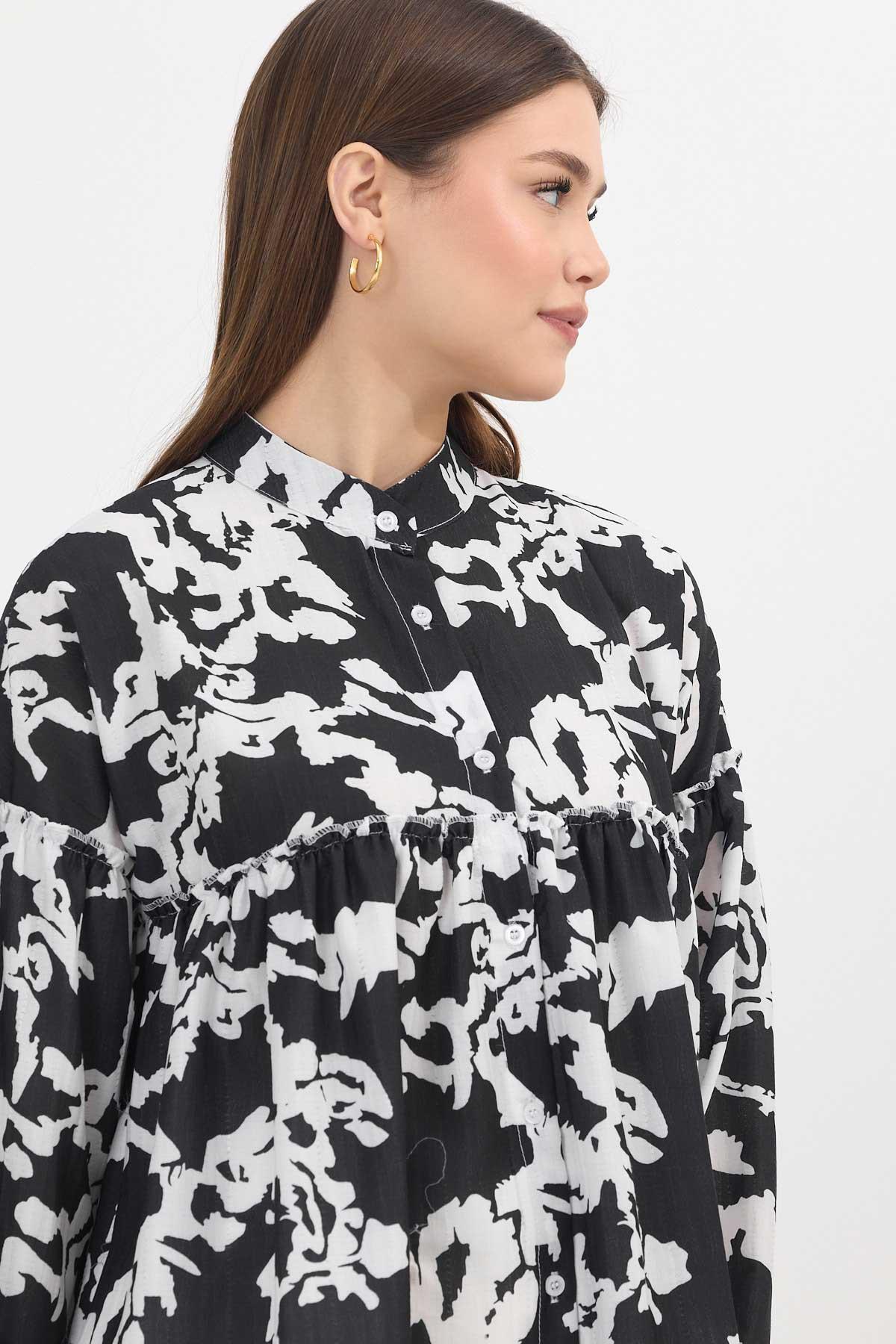 4366A Desenli Kol Lastikli Tunik Siyah - 4