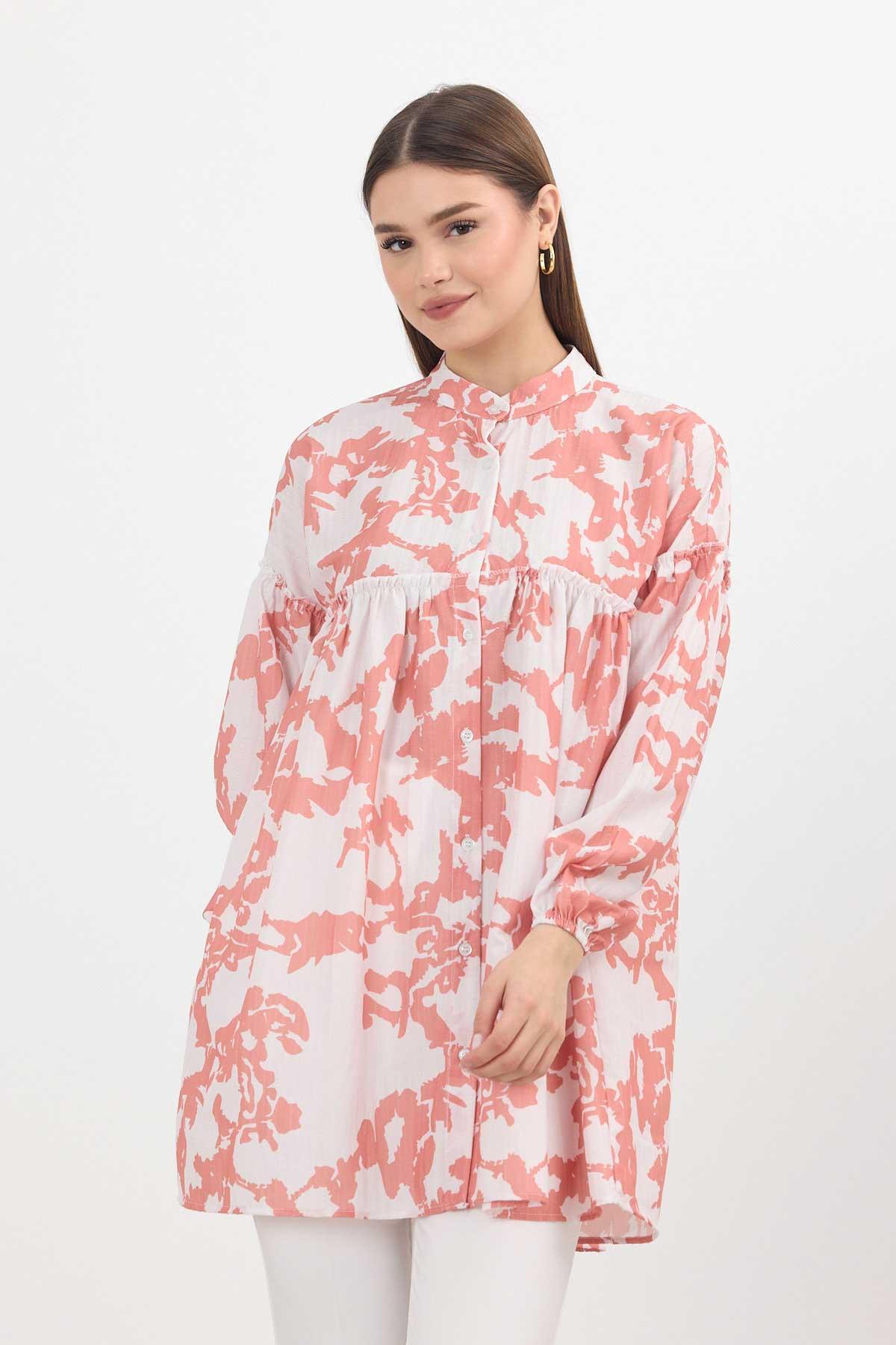 4366A Desenli Kol Lastikli Tunik Somon - 1