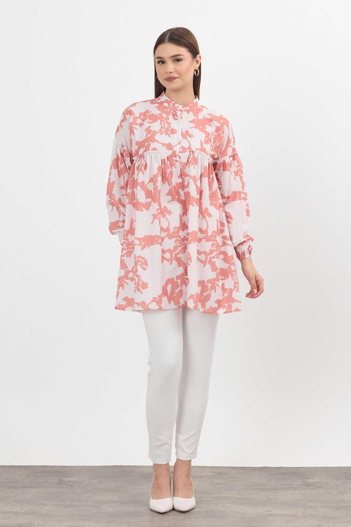 4366A Desenli Kol Lastikli Tunik Somon - 2