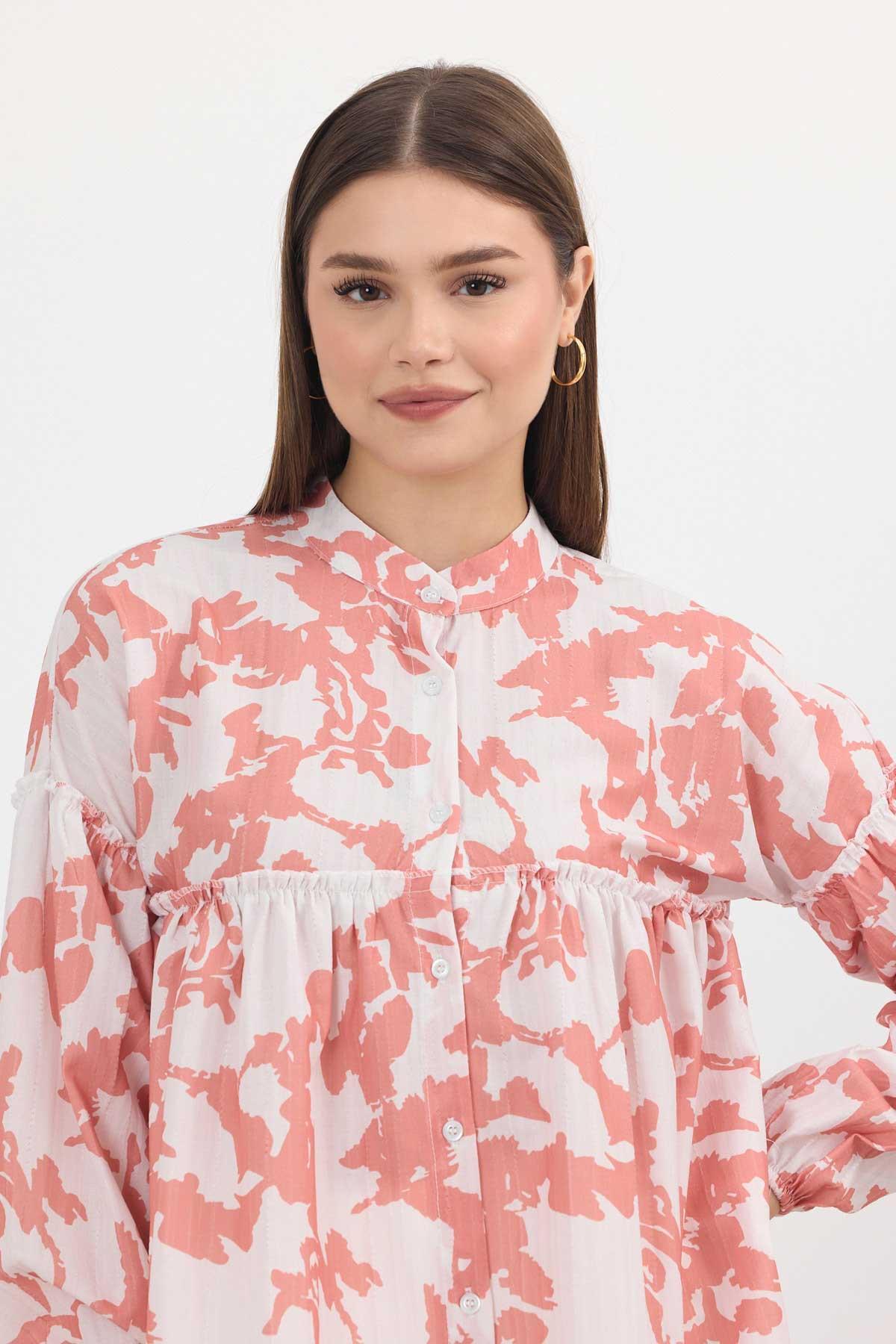 4366A Desenli Kol Lastikli Tunik Somon - 4