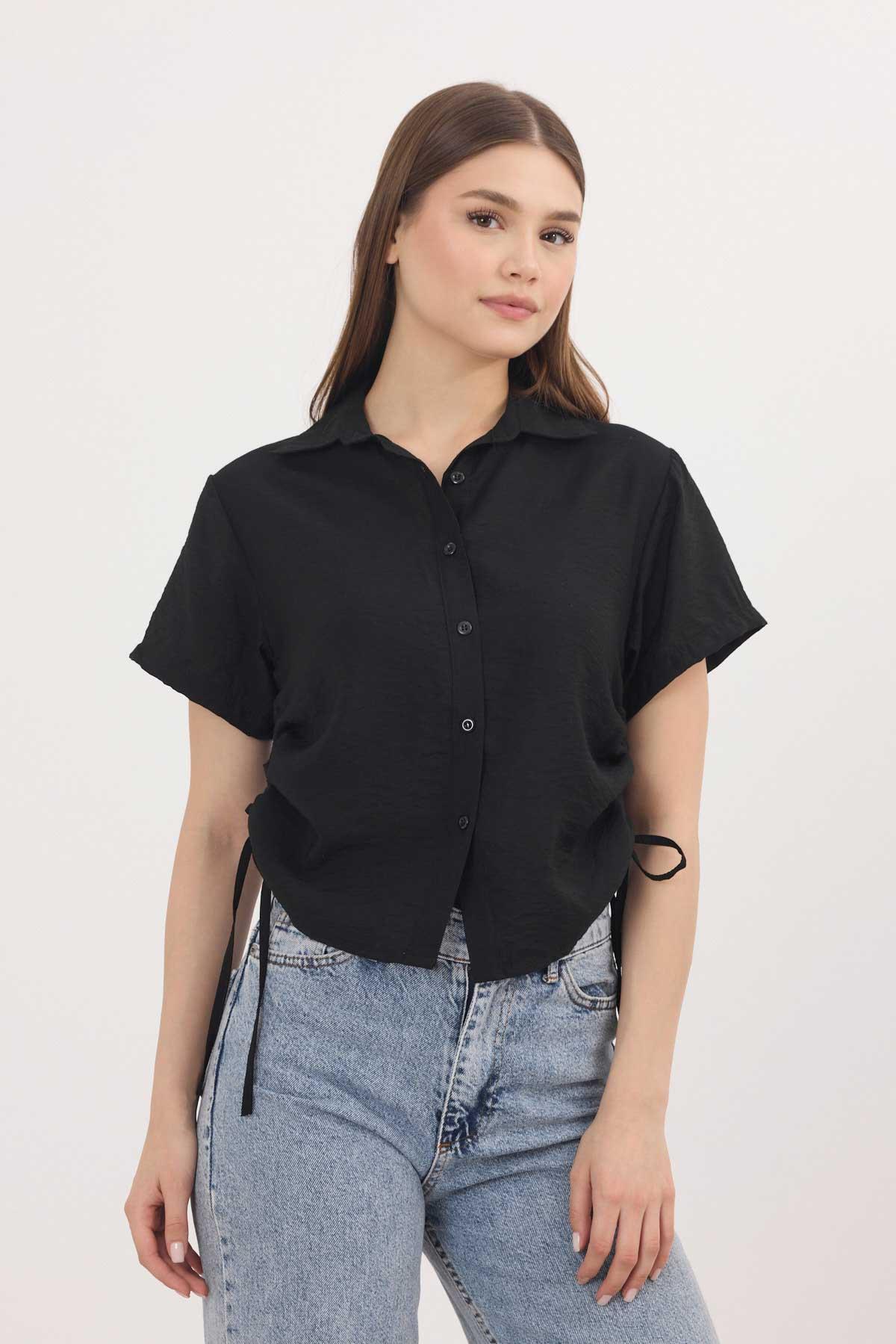 4368A Yanları Bizgüllü Kısa Gömlek Siyah - RAYS