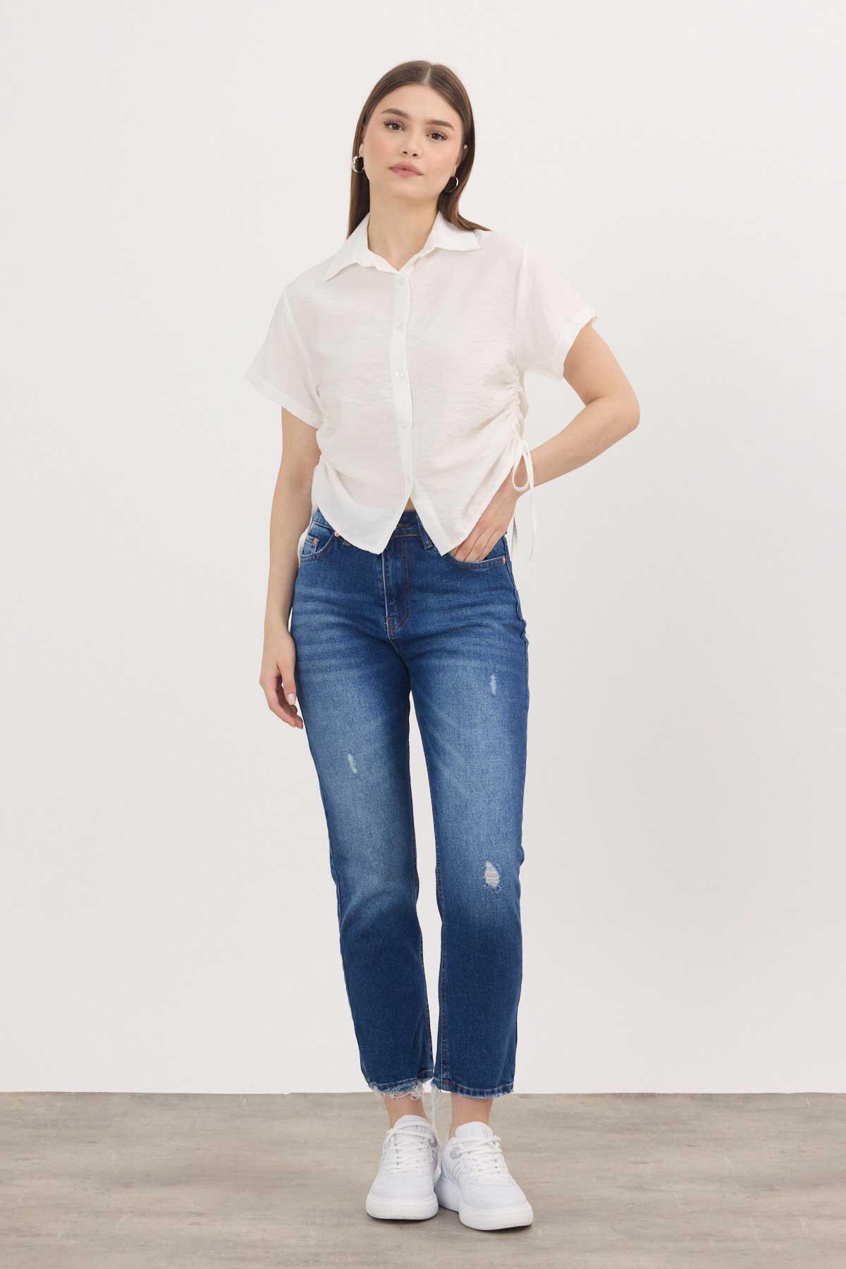 Beyaz Yanları Büzgülü Kısa Gömlek 4368A - 2