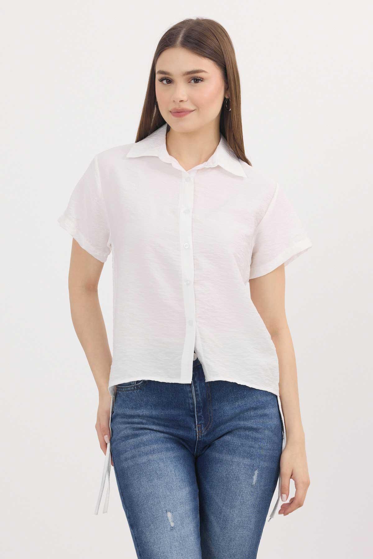 Beyaz Yanları Büzgülü Kısa Gömlek 4368A - 3