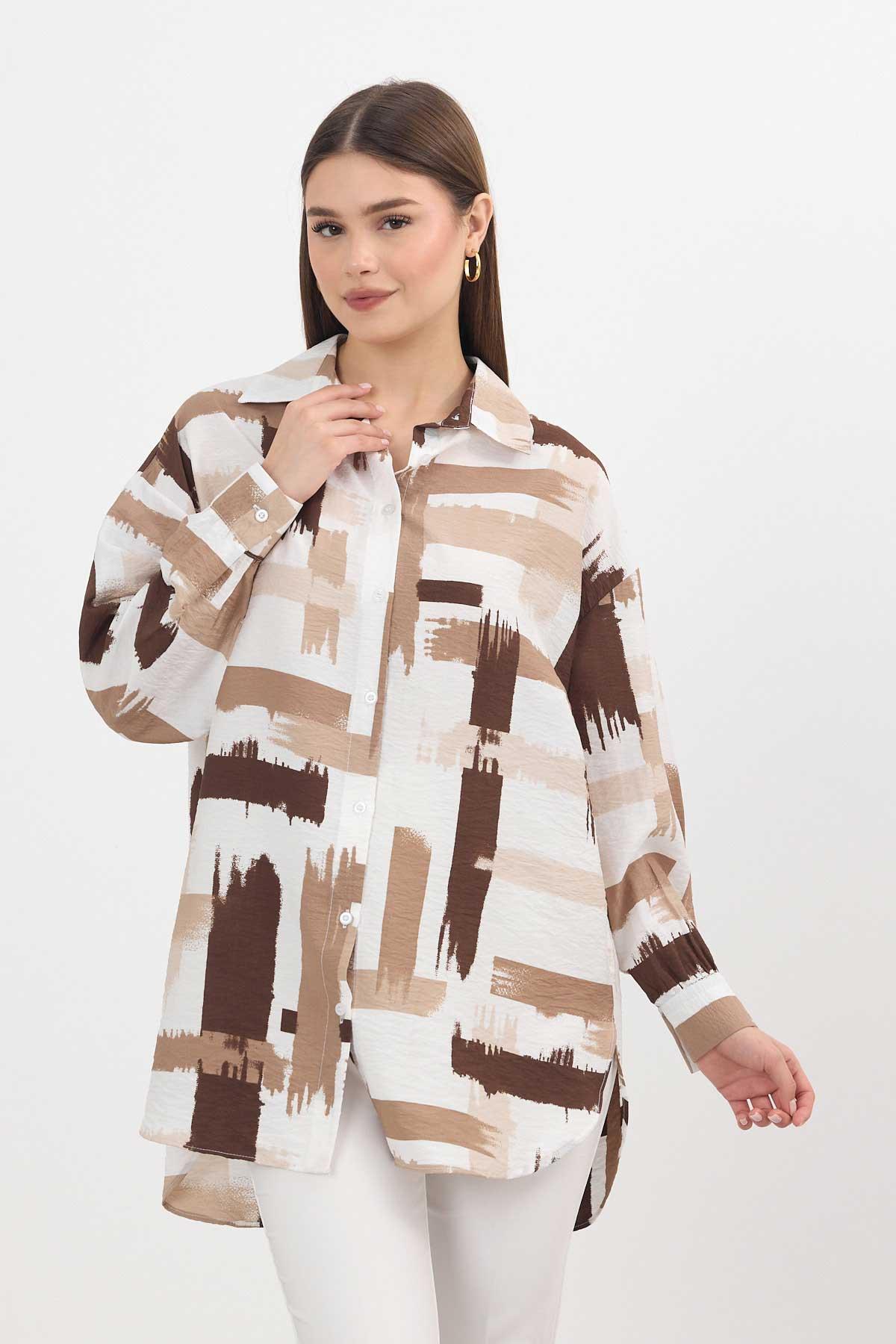 Kahve Desenli Uzun Gömlek 4369A - 1
