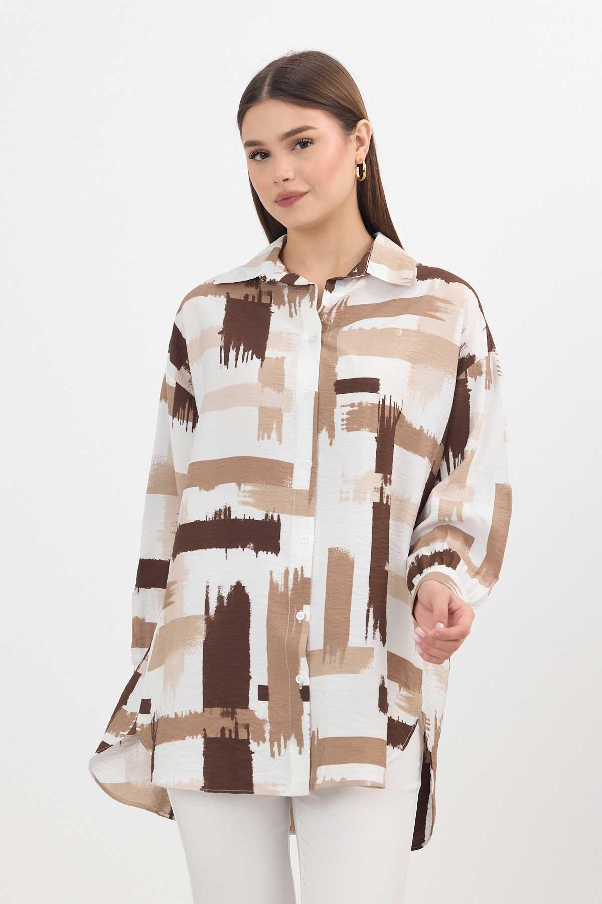 Kahve Desenli Uzun Gömlek 4369A - 8
