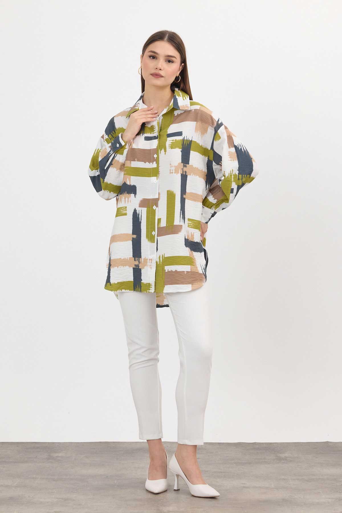 Olive Yeşili Desenli Uzun Gömlek 4369A - 2