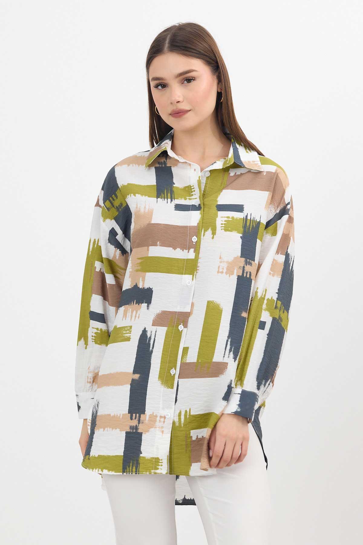 Olive Yeşili Desenli Uzun Gömlek 4369A - 3