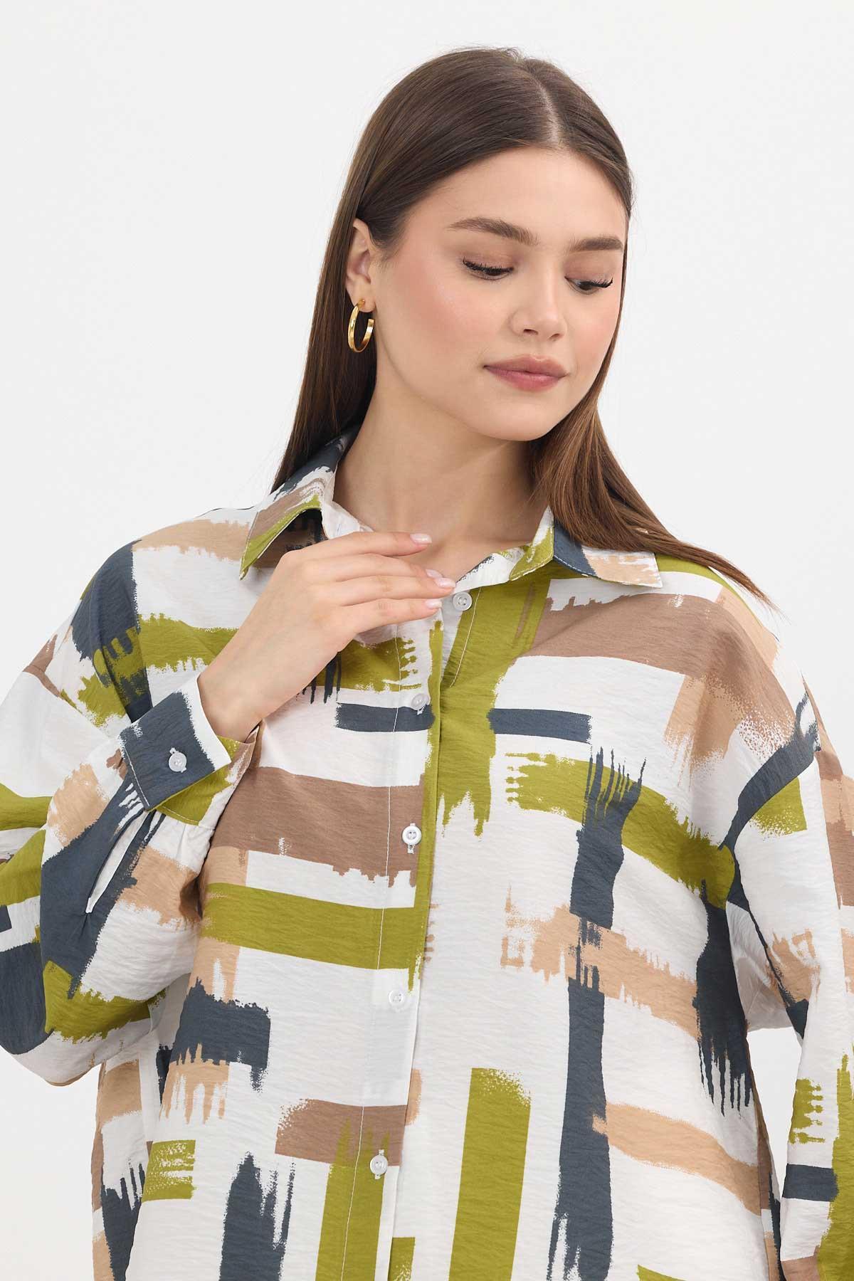 Olive Yeşili Desenli Uzun Gömlek 4369A - 4