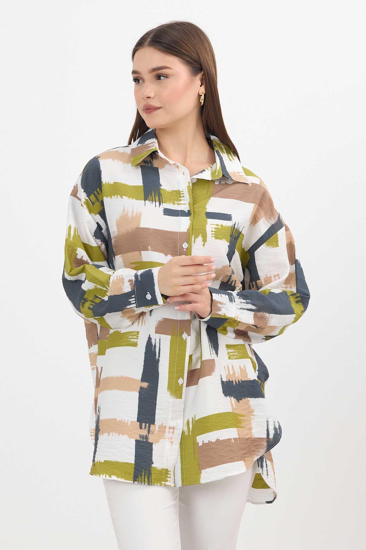 Olive Yeşili Desenli Uzun Gömlek 4369A - 8