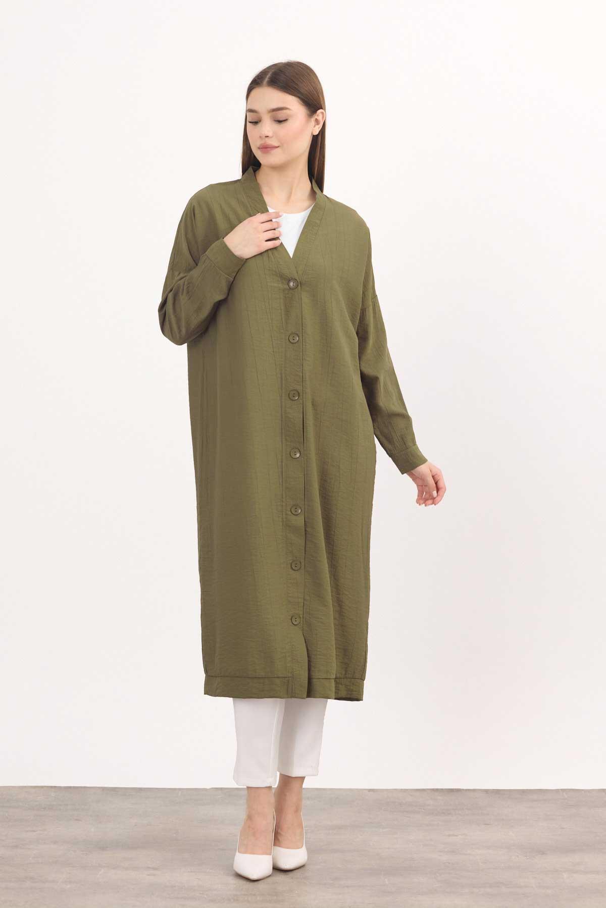 Haki Düğmeli Uzun Tunik 4378A - 1