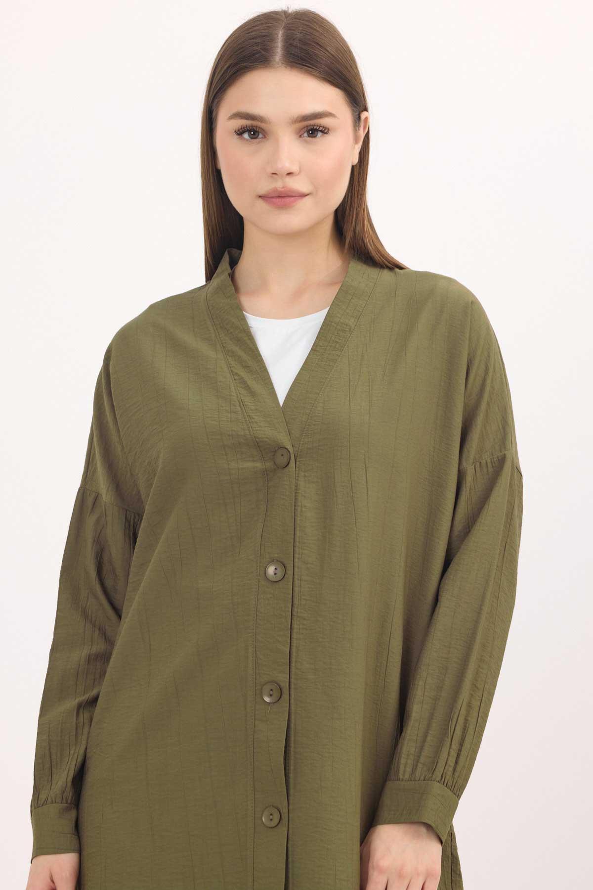 Haki Düğmeli Uzun Tunik 4378A - 3