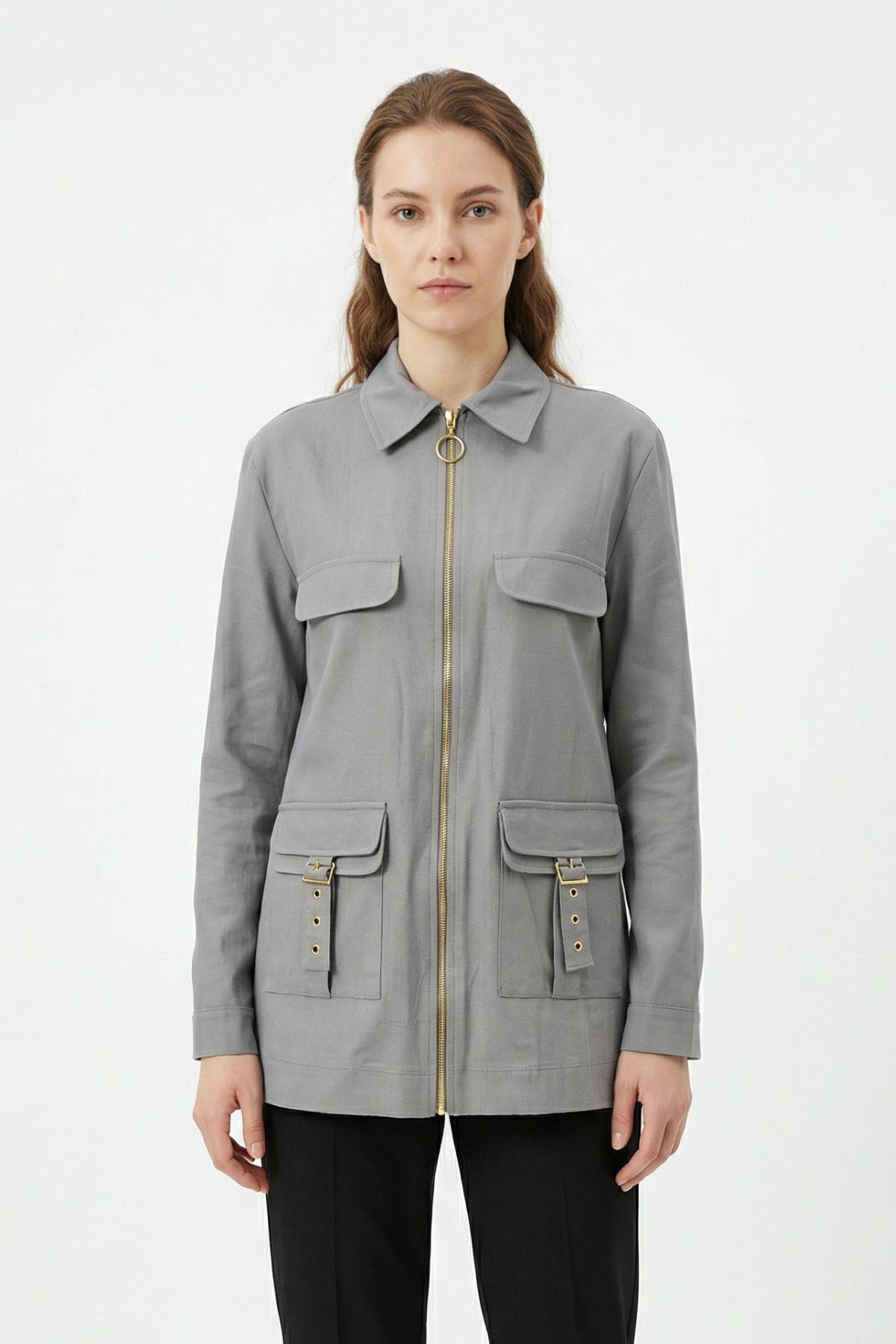 4386A Fermuarlı Cep Kapak Ceket Gri - RAYS