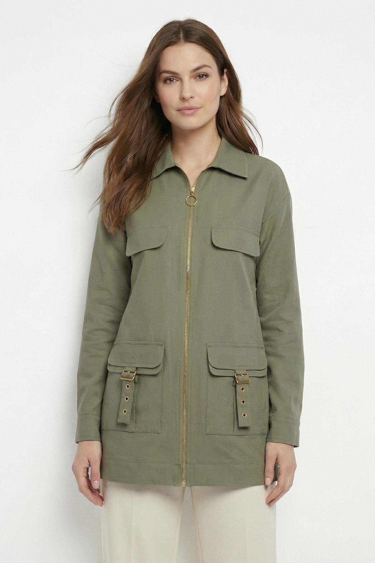 Haki Fermuarlı Cep Kapak Ceket 4386A - 1