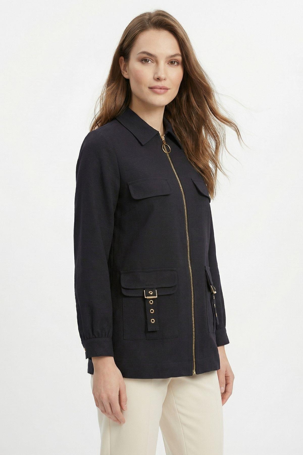 4386A Fermuarlı Cep Kapak Ceket Siyah - RAYS