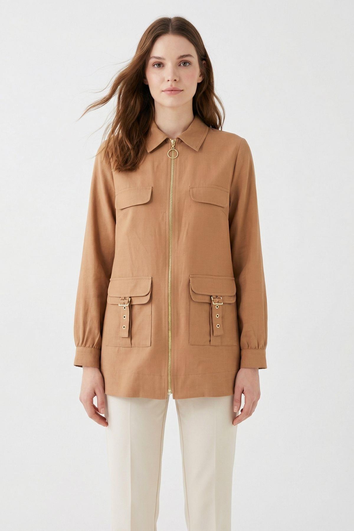 4386A Fermuarlı Cep Kapak Ceket Taba - 1