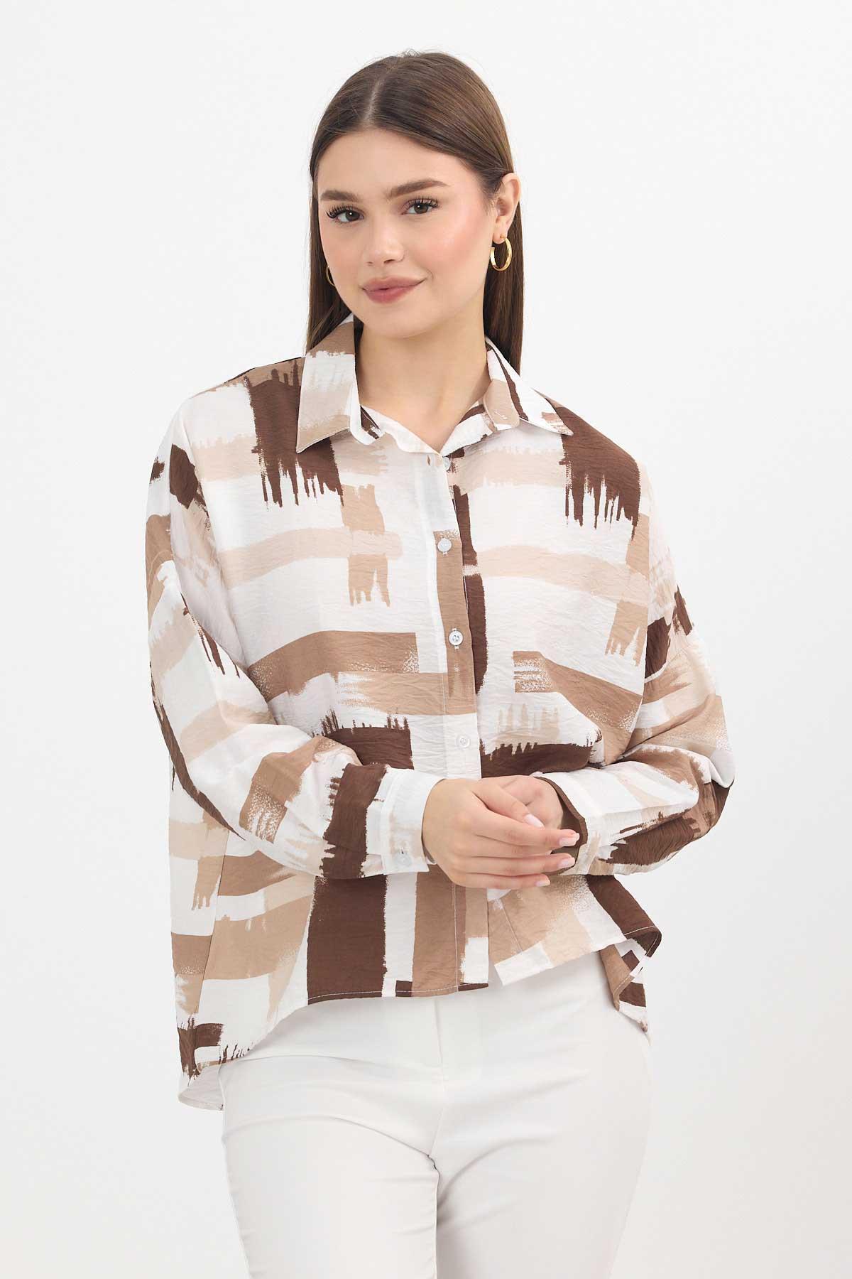 Kahve Desenli Kısa Gömlek 4398A - 3