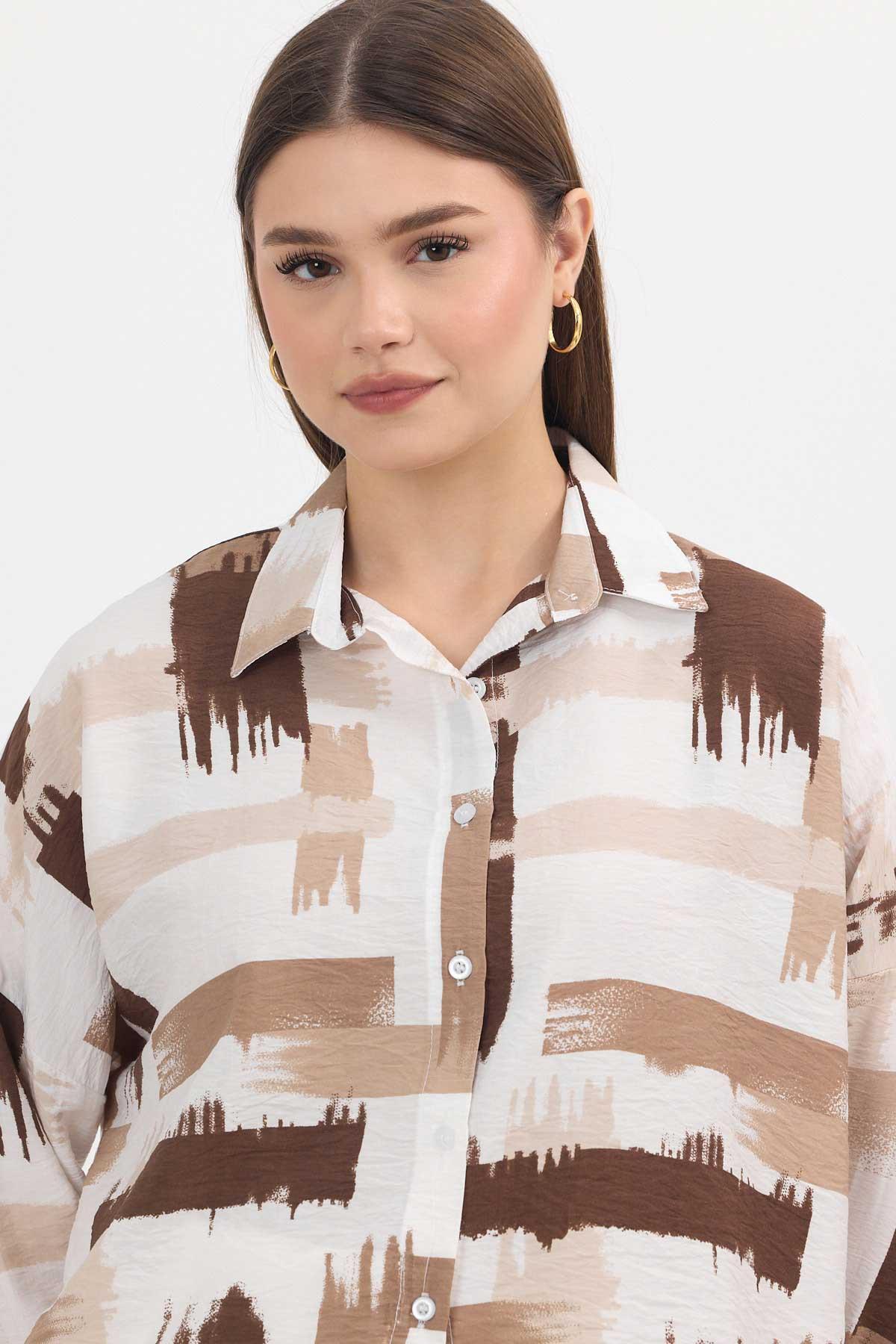 Kahve Desenli Kısa Gömlek 4398A - 4