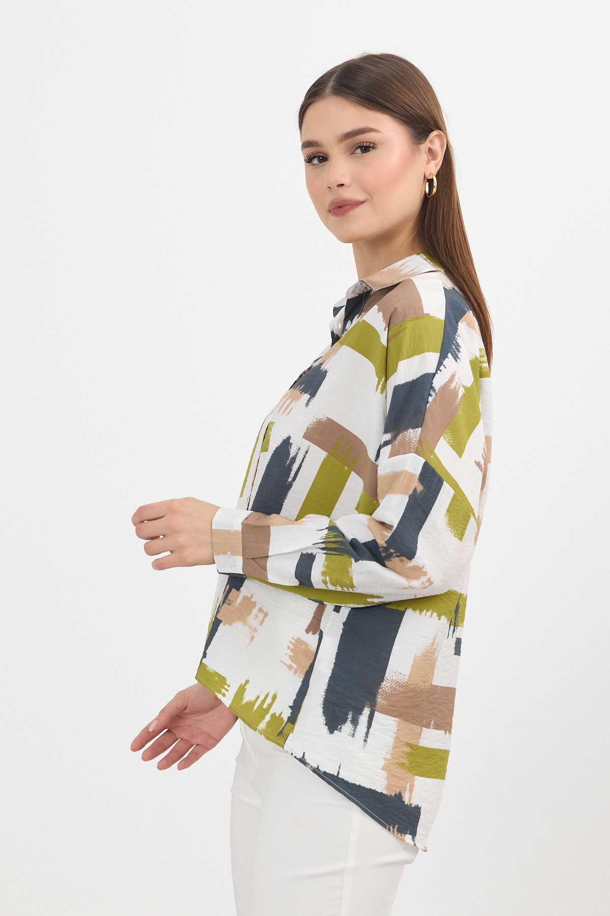 4398A Desenli Kısa Gömlek Olive Yeşili - 7