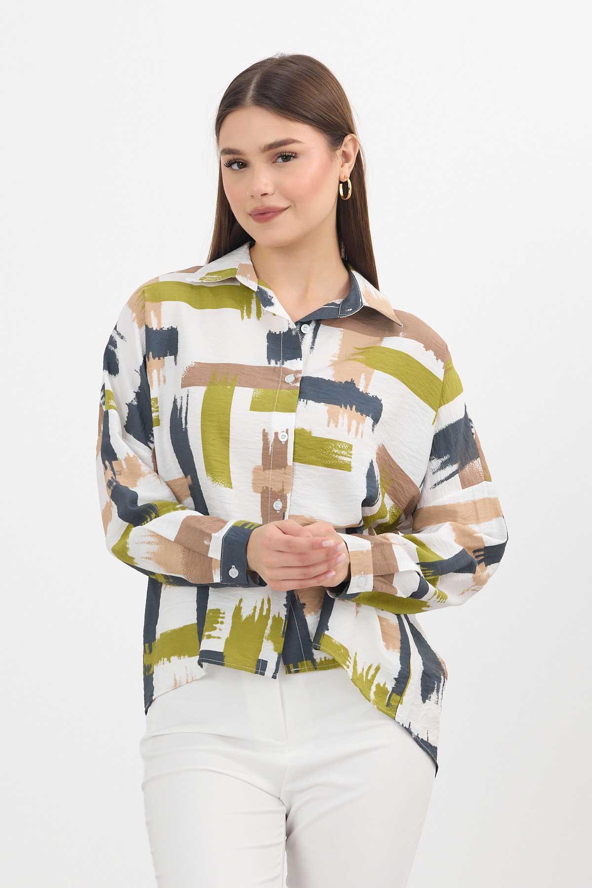 Olive Yeşili Desenli Kısa Gömlek 4398A - 3