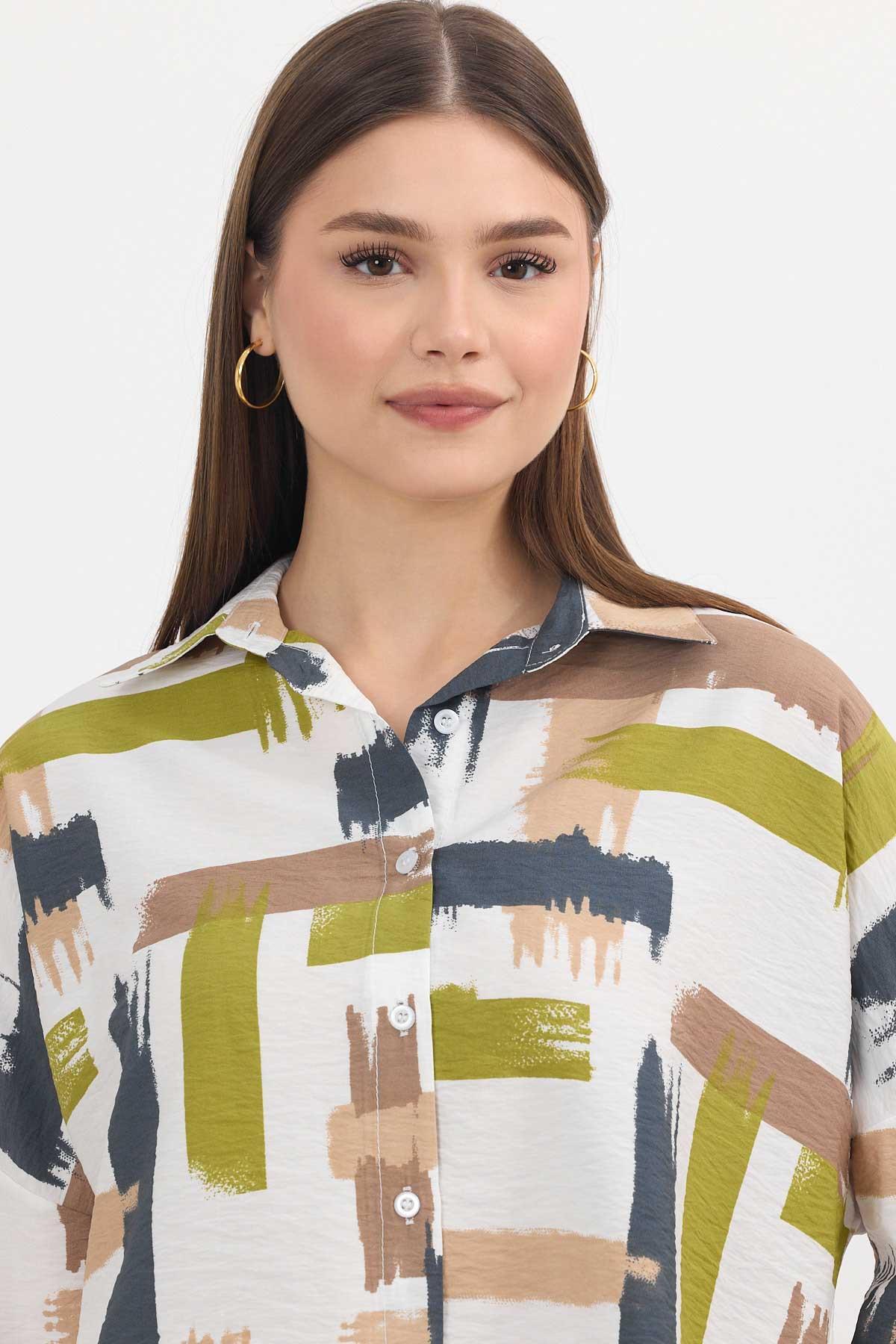 Olive Yeşili Desenli Kısa Gömlek 4398A - 4