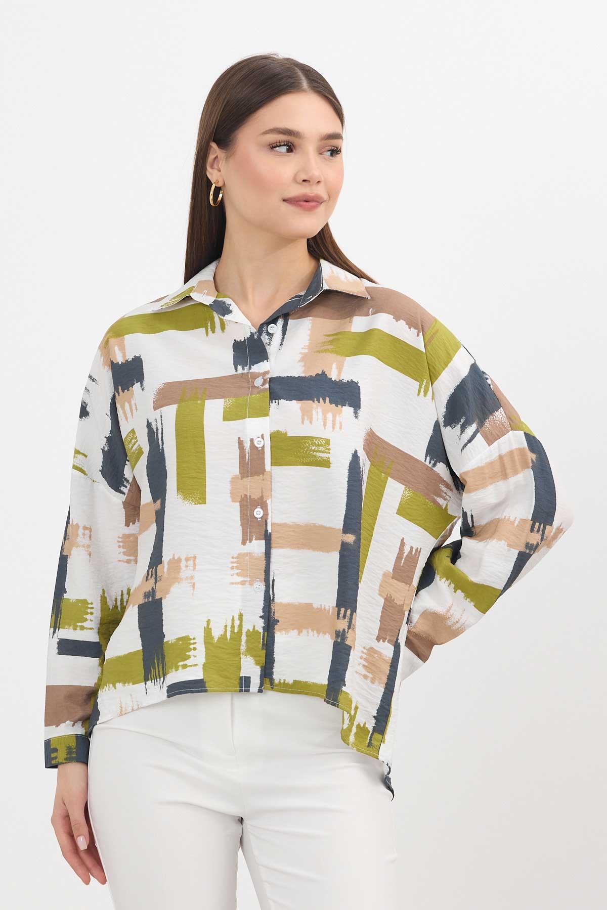 Olive Yeşili Desenli Kısa Gömlek 4398A - 6