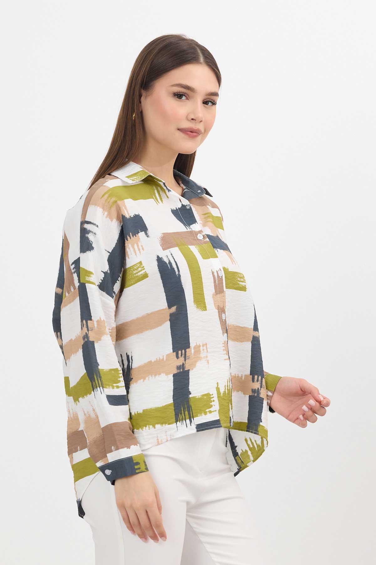 Olive Yeşili Desenli Kısa Gömlek 4398A - 8