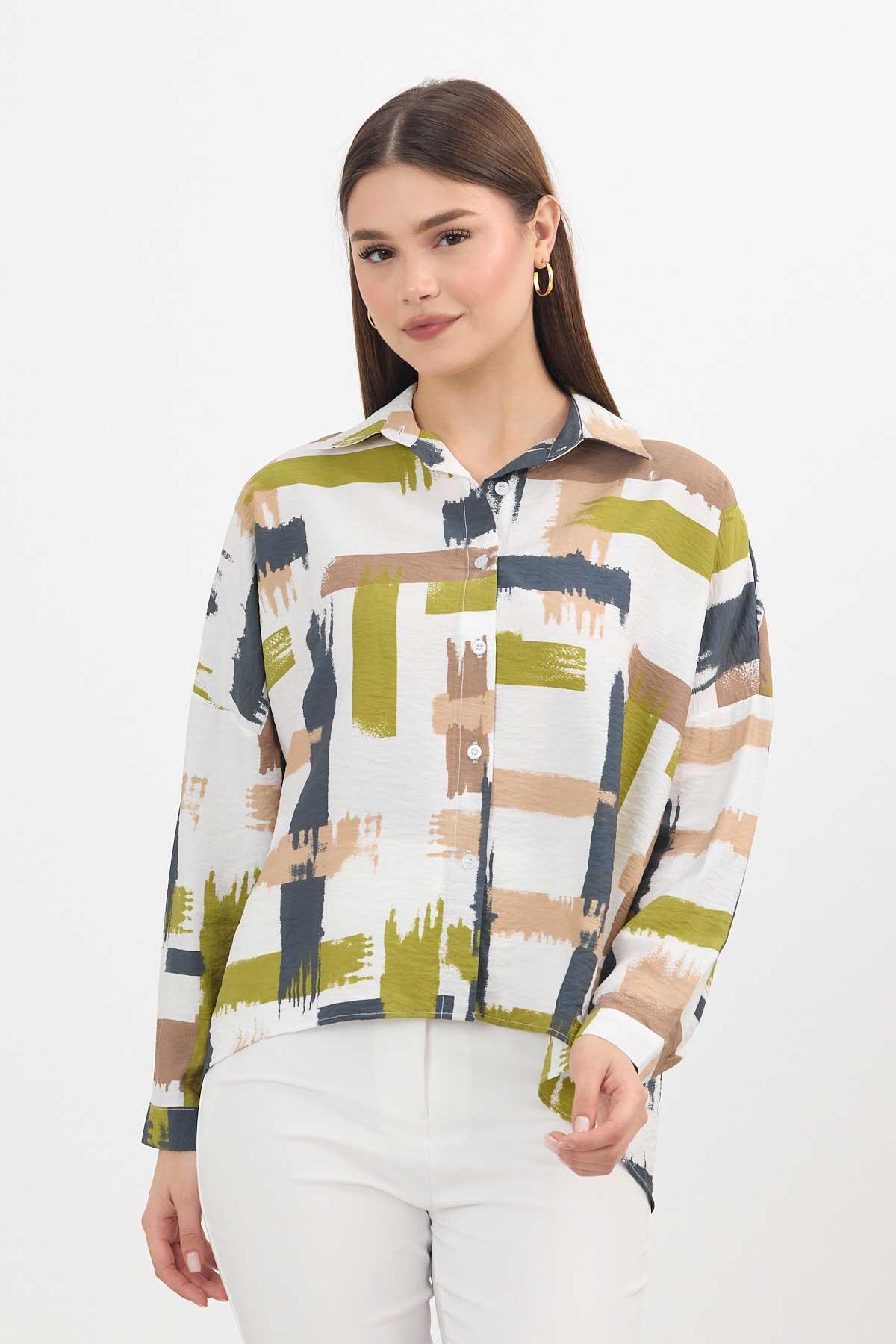 Desenli Kısa Gömlek 4398A Olive Yeşili - 1