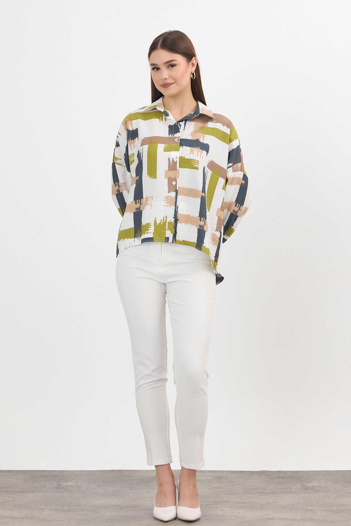 Desenli Kısa Gömlek 4398A Olive Yeşili - RAYS
