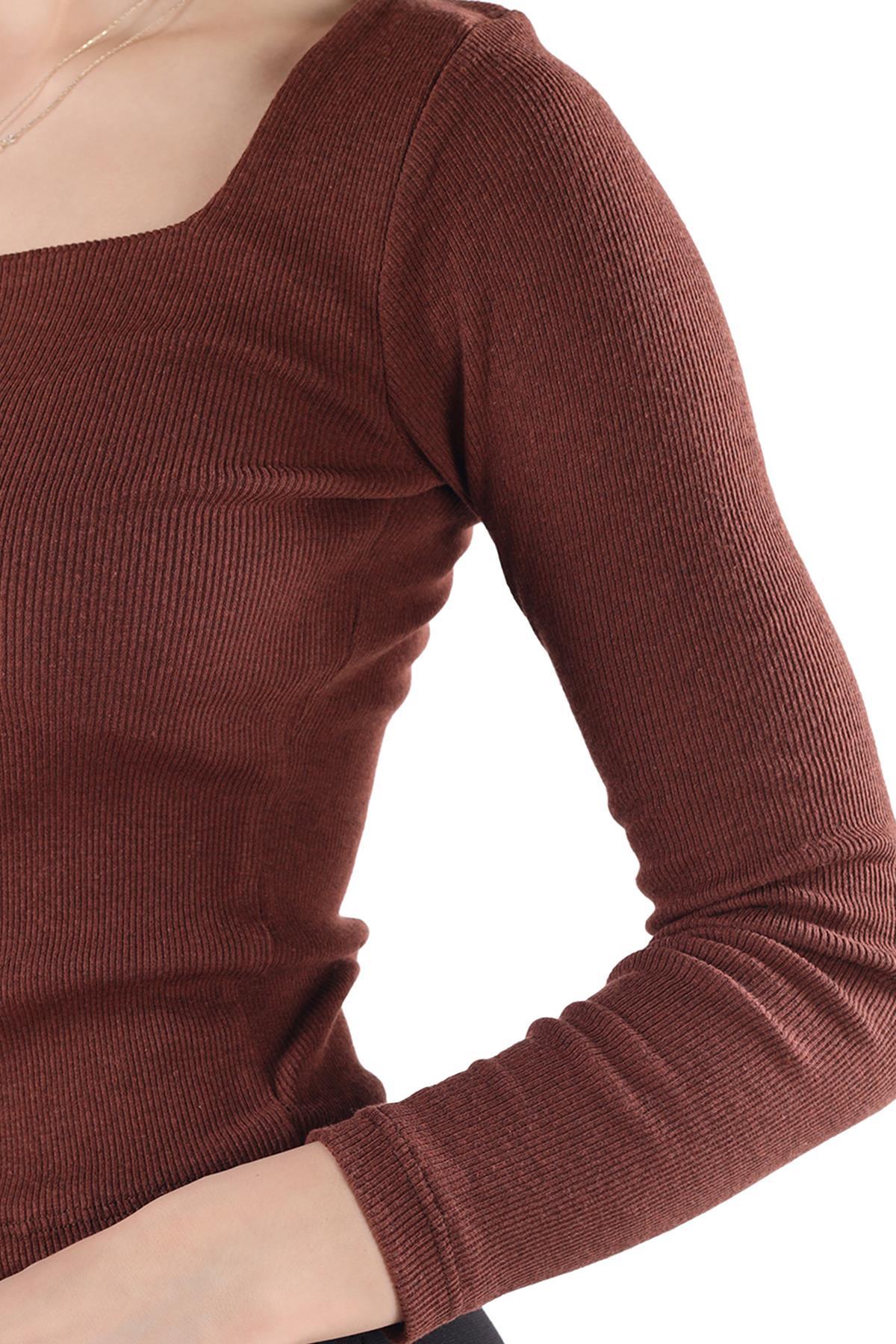 441 Kare Yaka Bluz Acı Kahve - 7