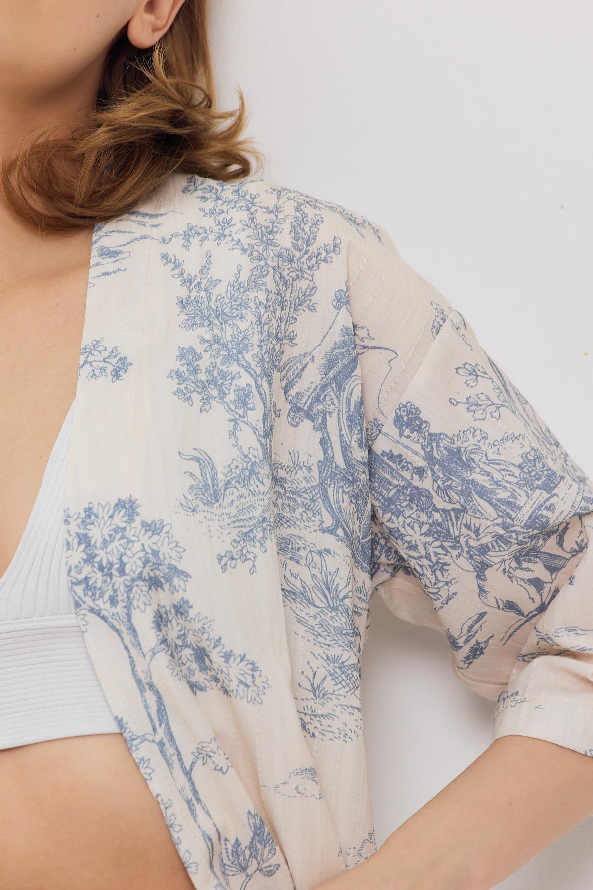 Çiçekli Kısa Kol Kimono 4441A Mavi - RAYS