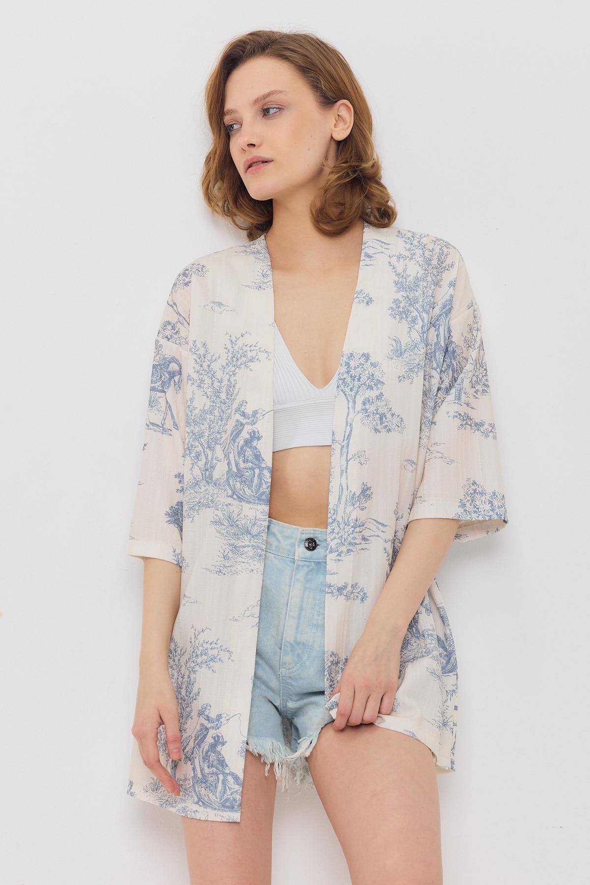 Çiçekli Kısa Kol Kimono 4441A Mavi - 6