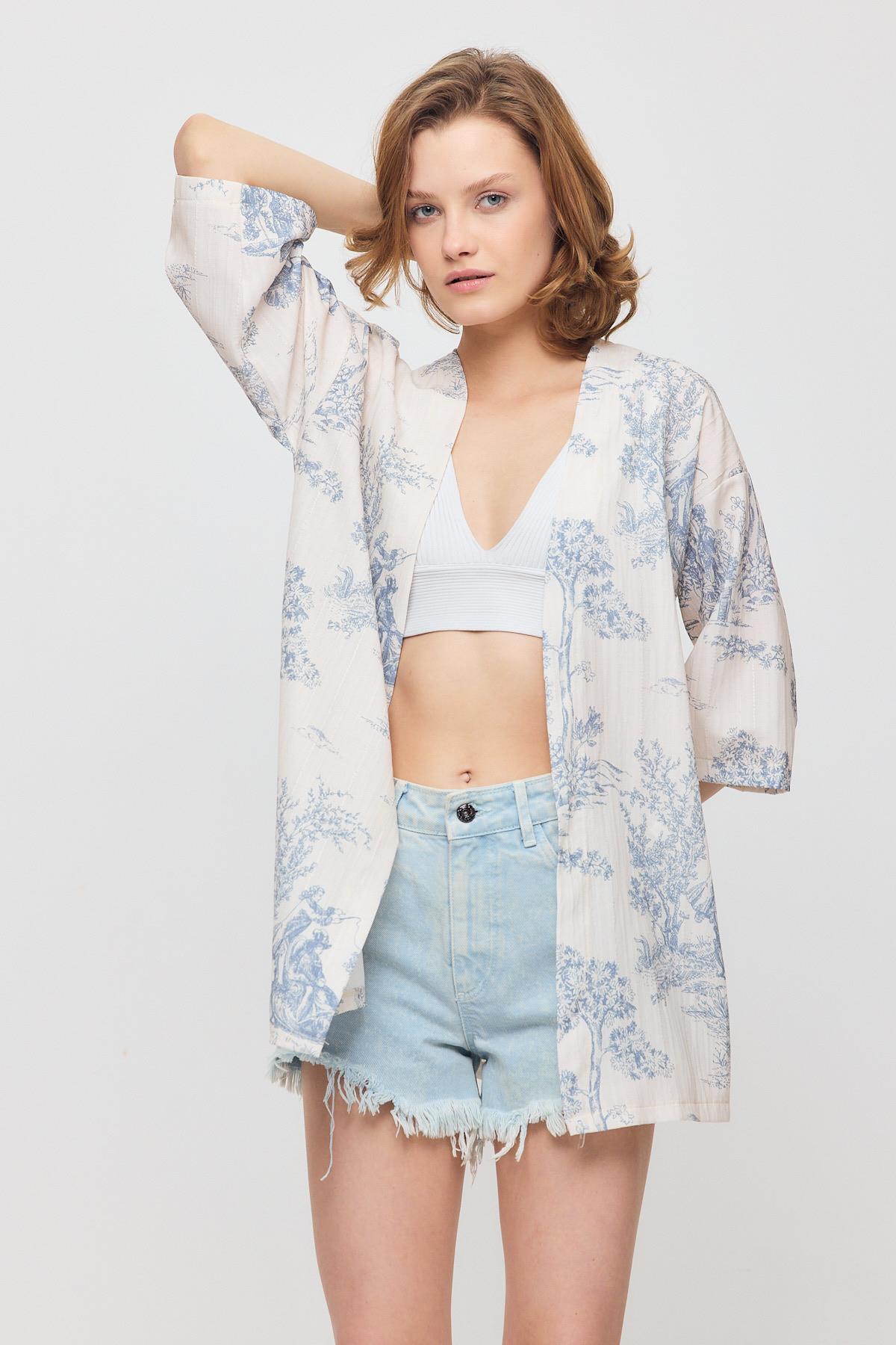 Çiçekli Kısa Kol Kimono 4441A Mavi - 7