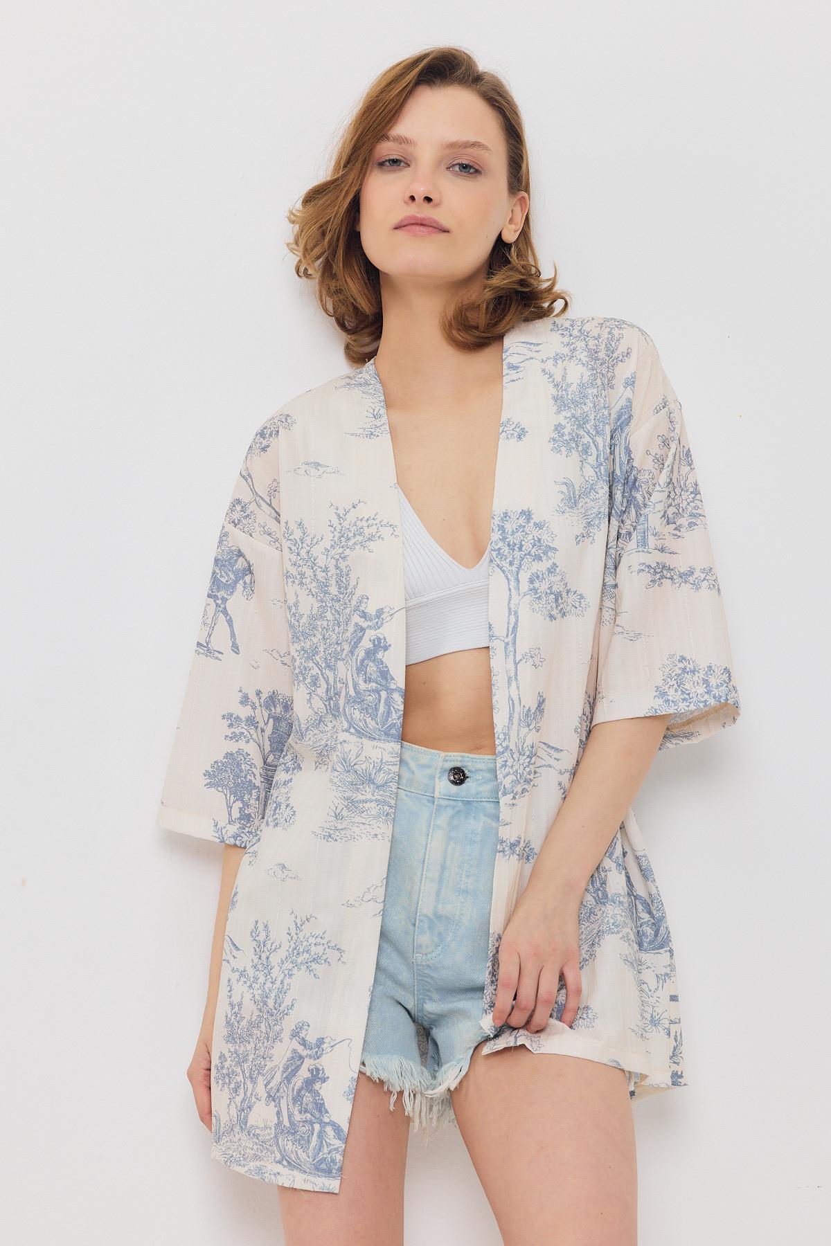 4441A Çiçekli Kısa Kol Kimono Mavi - 1