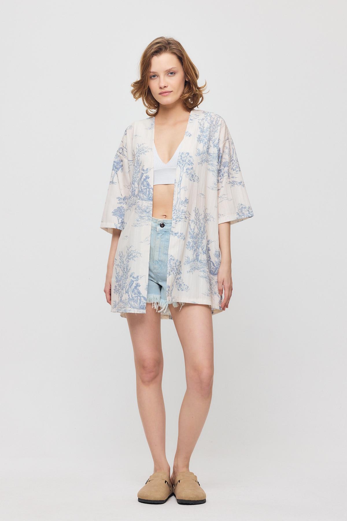 4441A Çiçekli Kısa Kol Kimono Mavi - 2