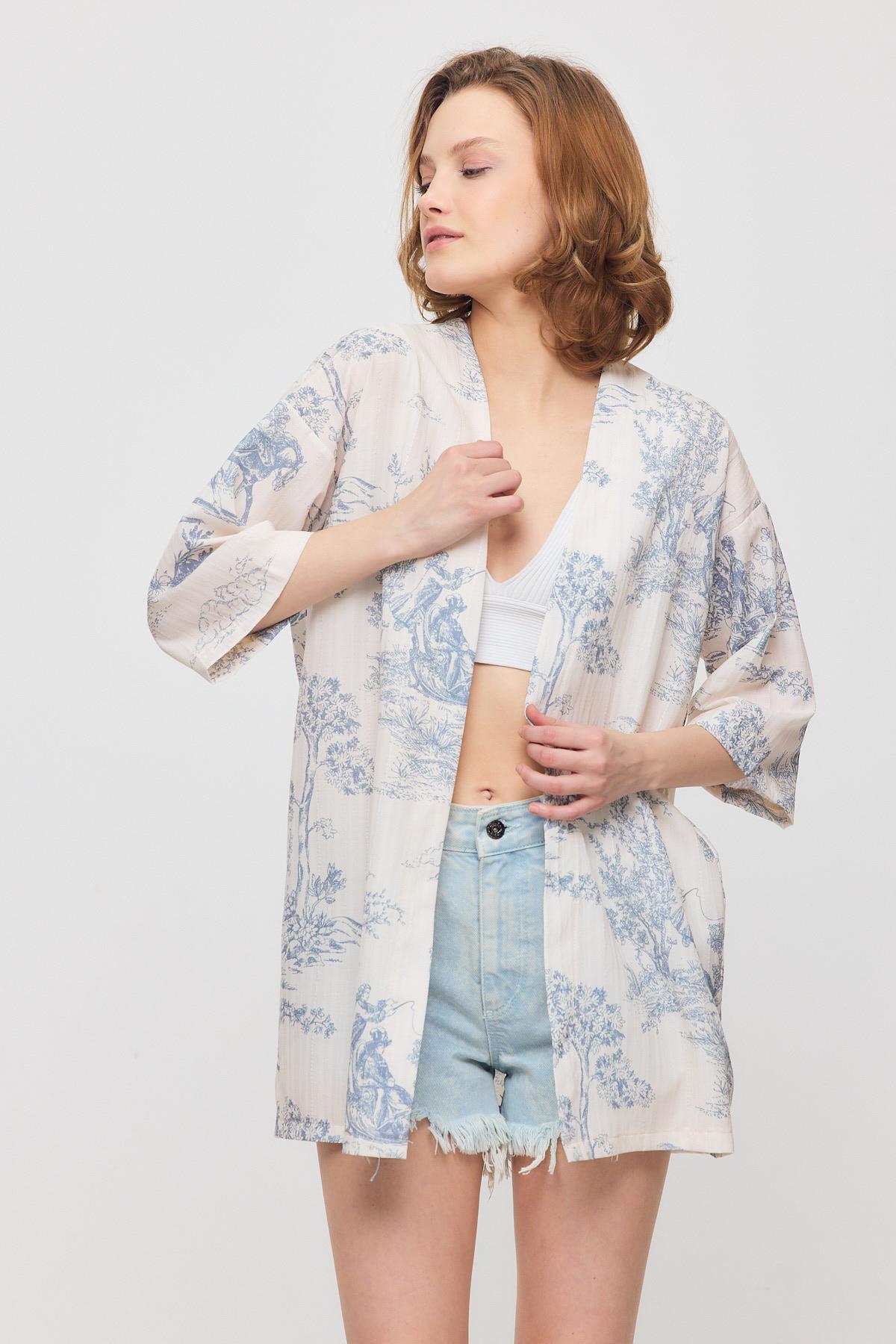 4441A Çiçekli Kısa Kol Kimono Mavi - 3