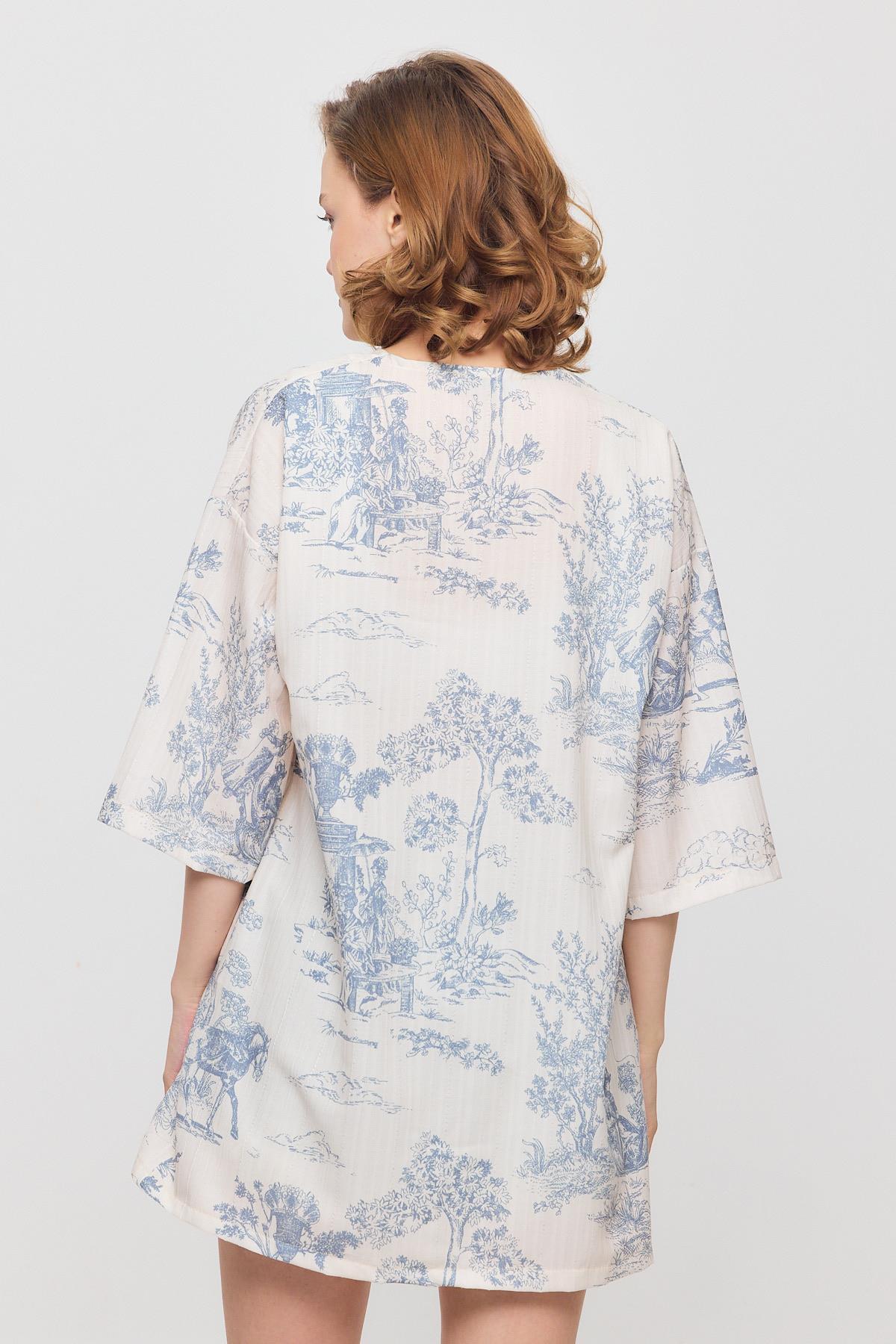 Mavi Çiçekli Kısa Kol Kimono 4441A - 5