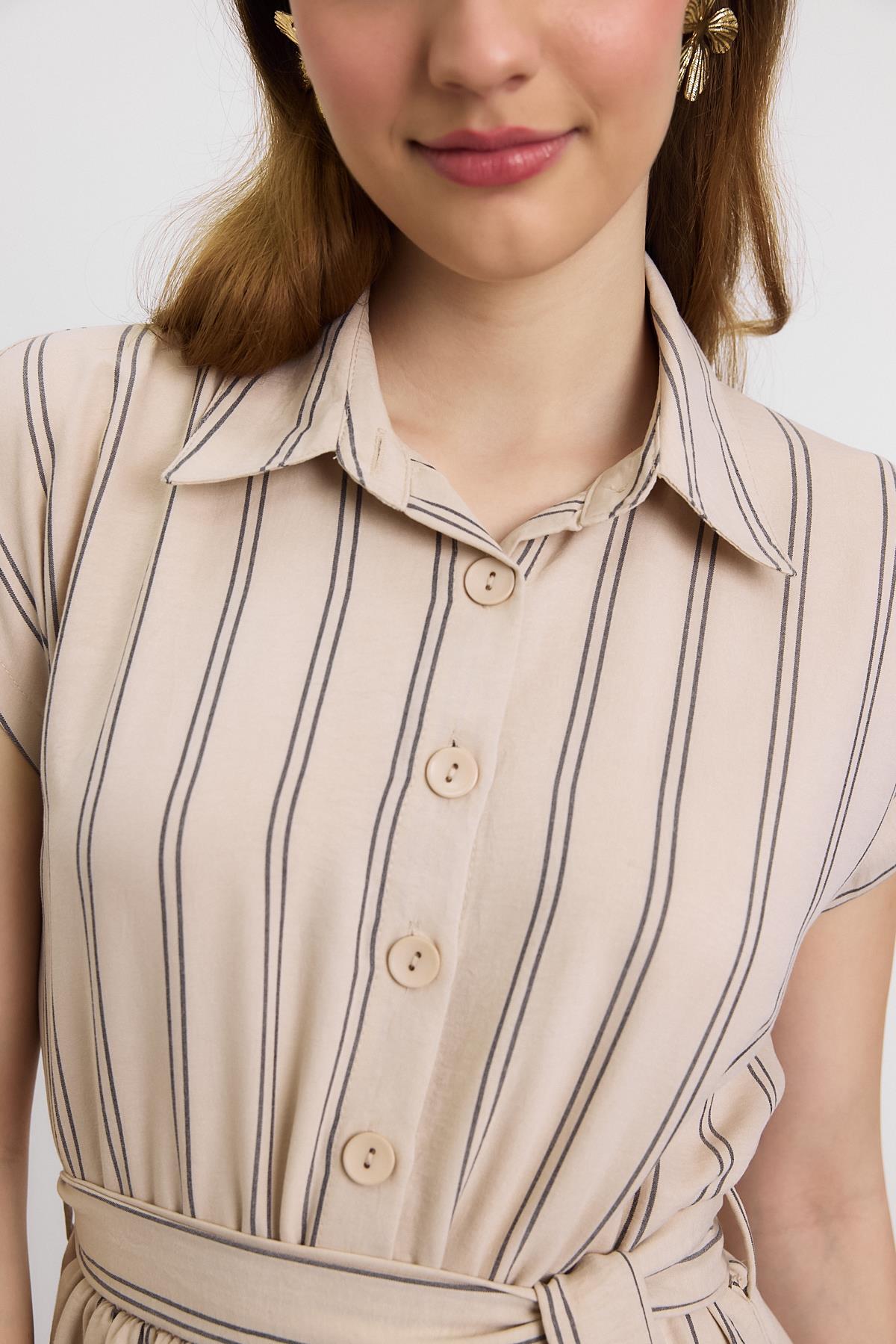 4443A Çizgili Bel Bağlamalı Uzun Elbise Bej - 4