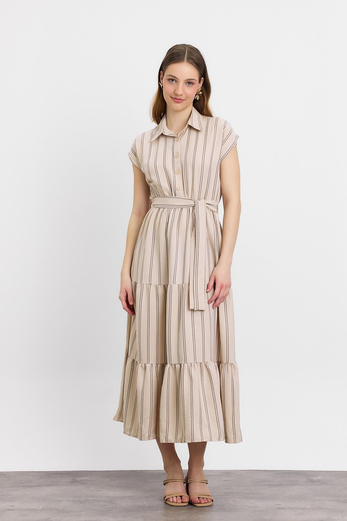 4443A Çizgili Bel Bağlamalı Uzun Elbise Bej 